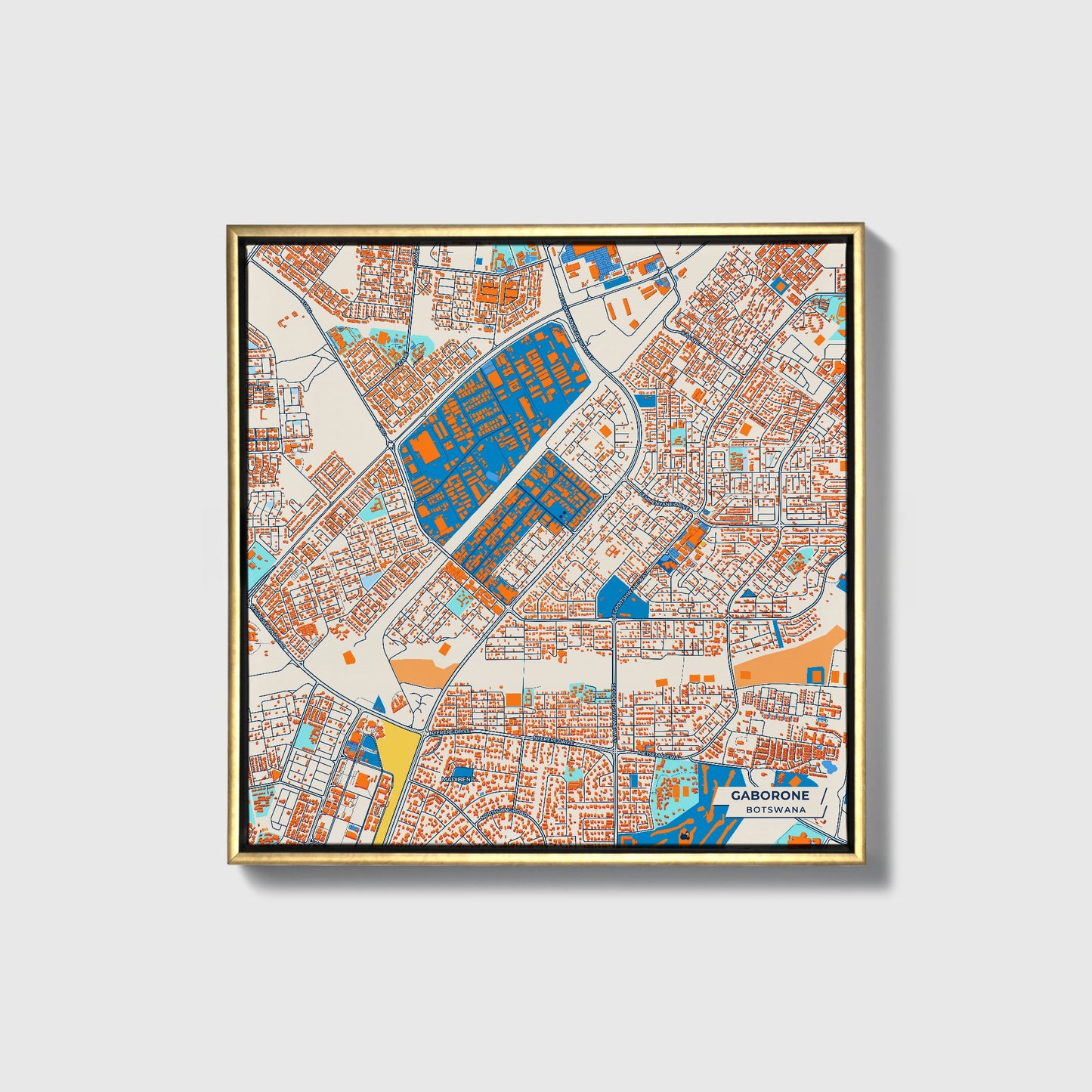 Gaborone Botswana Colorful City Map Canvas Print • Gold Framed