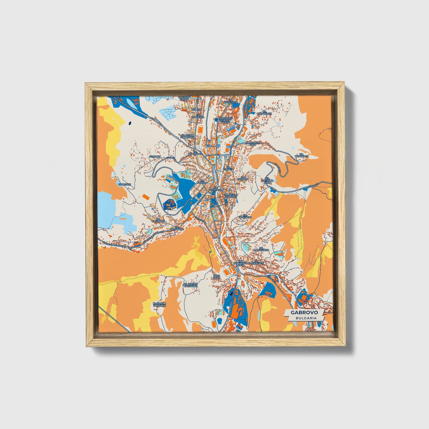 Габрово Bulgaria Colorful City Map Canvas Print • Natural Wooden Framed