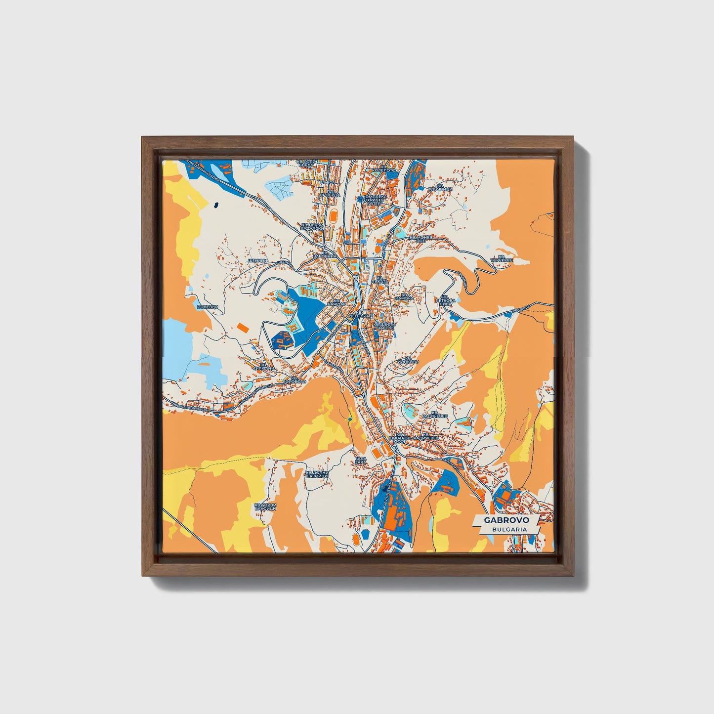 Габрово Bulgaria Colorful City Map Canvas Print • Dark Wooden Framed