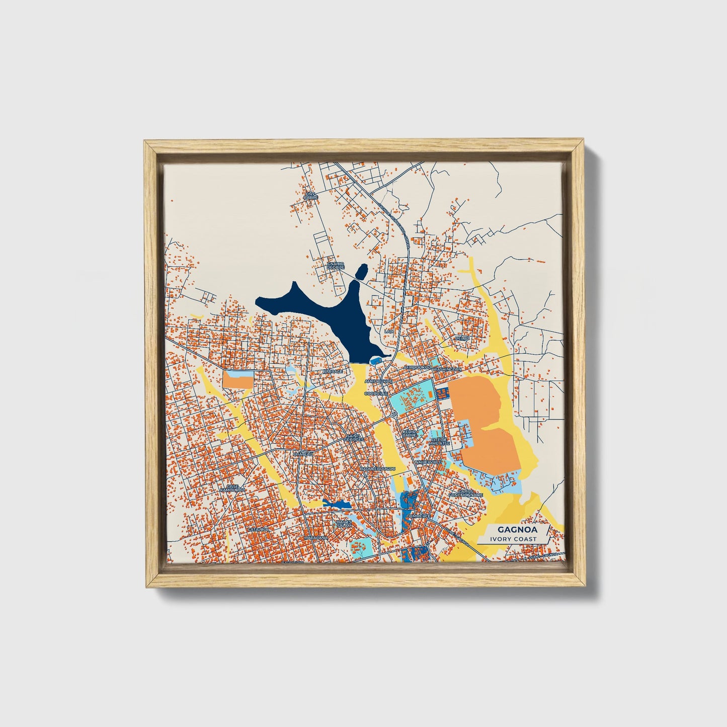 Gagnoa Ivory Coast Colorful City Map Canvas Print • Natural Wooden Framed