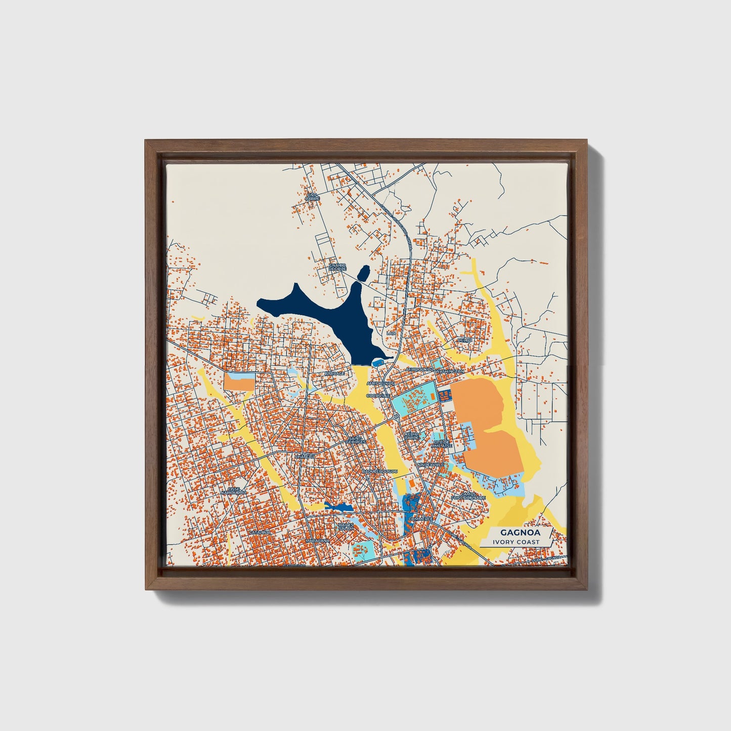 Gagnoa Ivory Coast Colorful City Map Canvas Print • Dark Wooden Framed