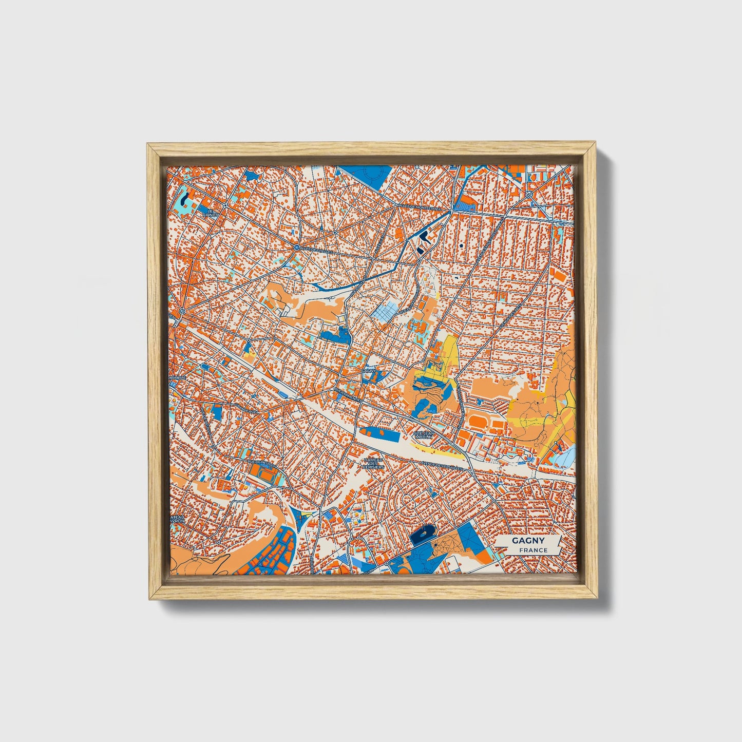 Gagny France Colorful City Map Canvas Print • Natural Wooden Framed