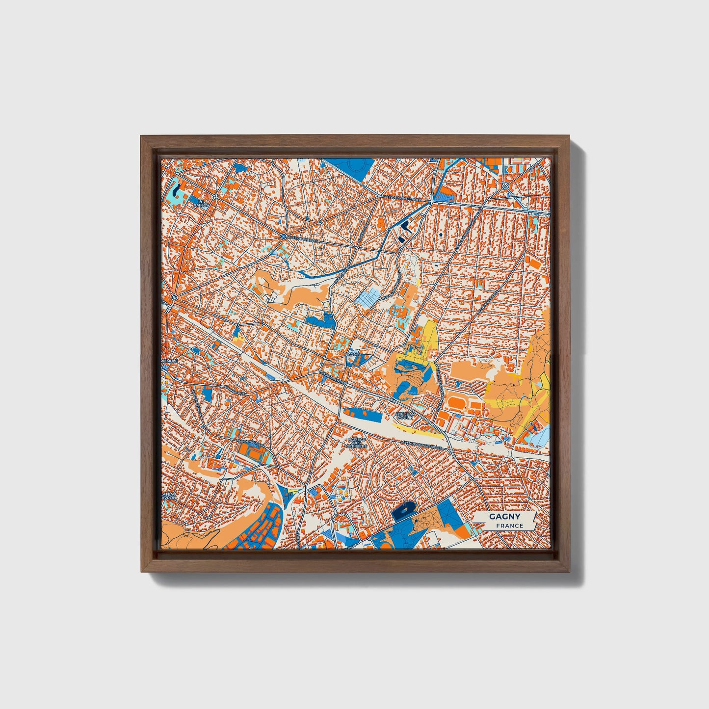 Gagny France Colorful City Map Canvas Print • Dark Wooden Framed