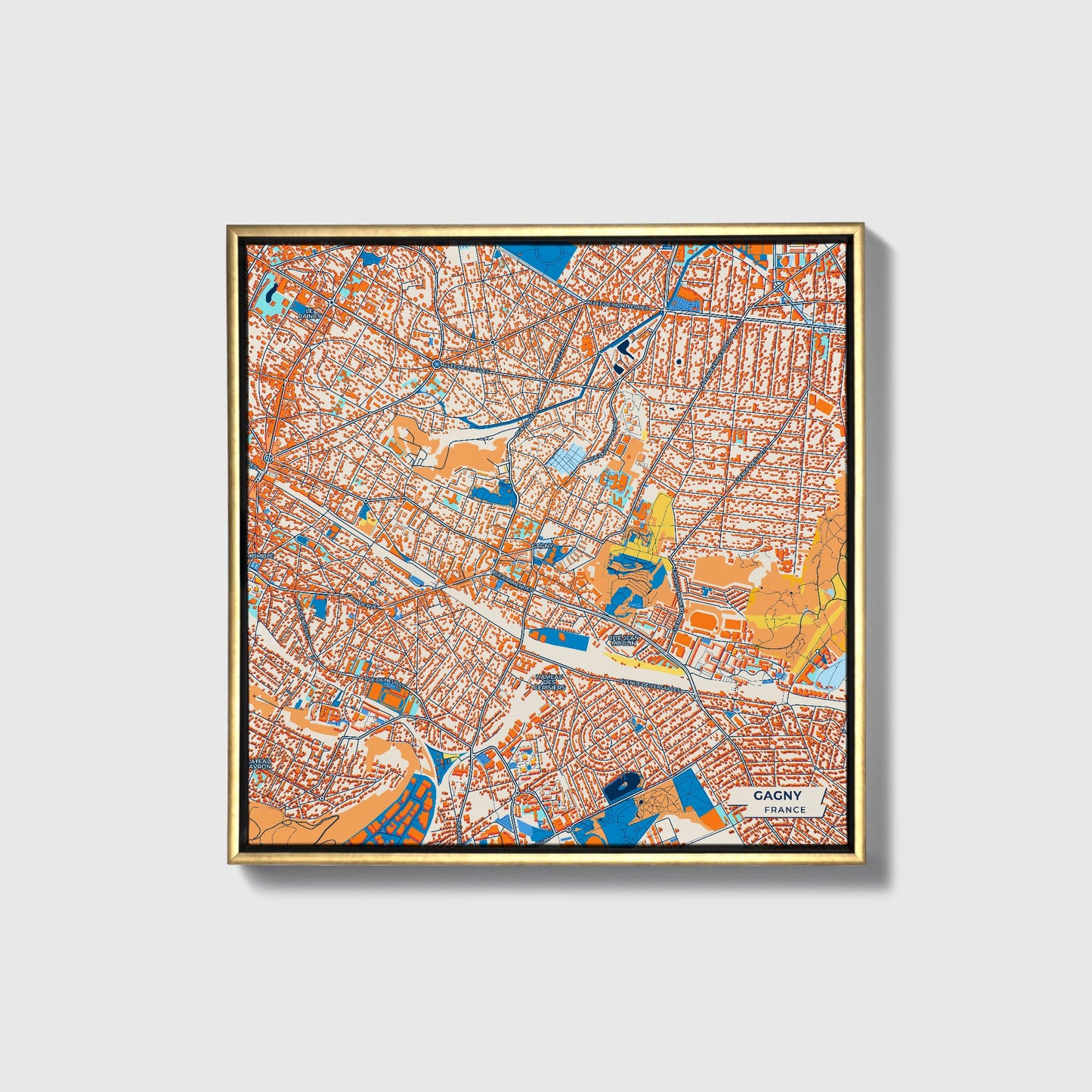 Gagny France Colorful City Map Canvas Print • Gold Framed