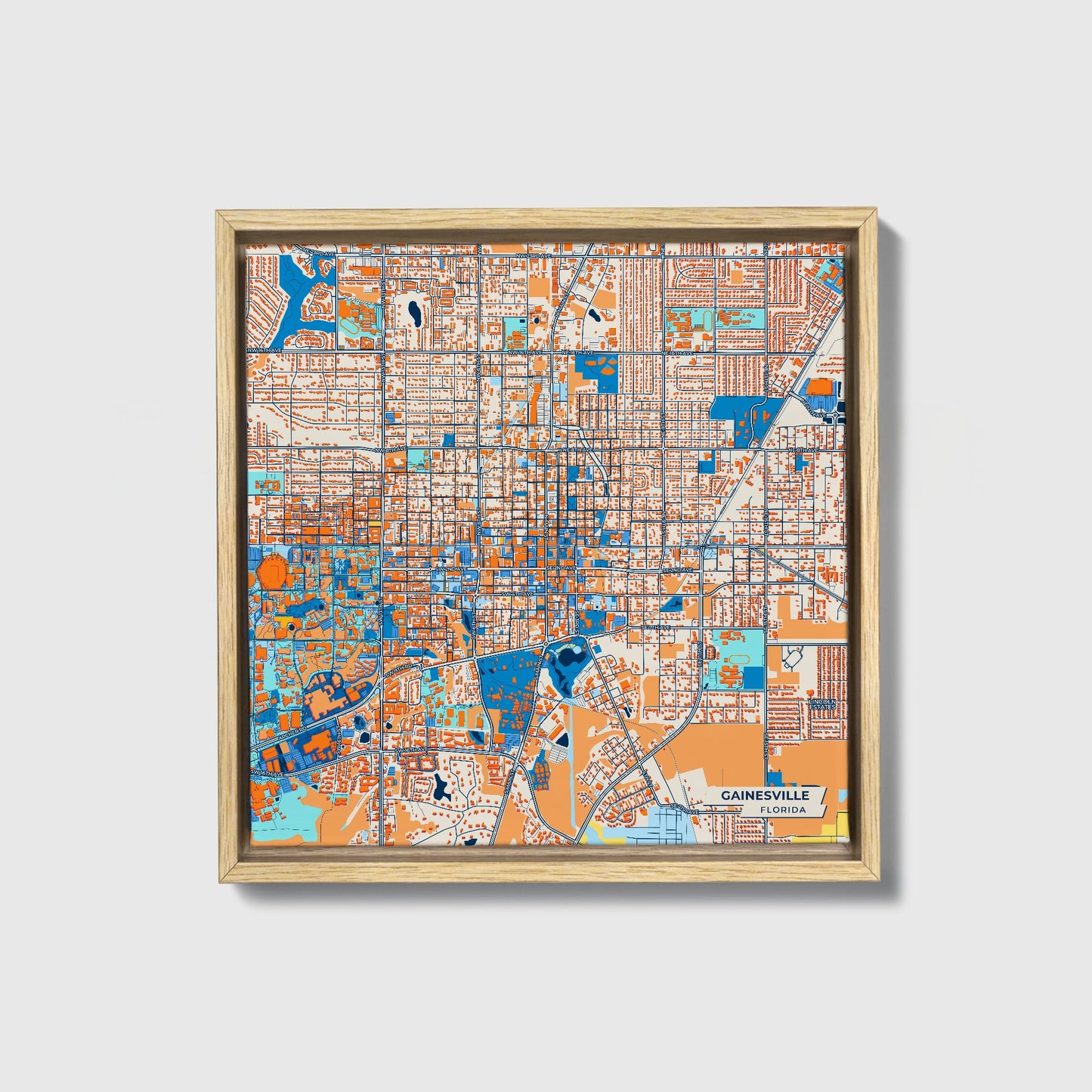 Gainesville Florida Colorful City Map Canvas Print • Natural Wooden Framed