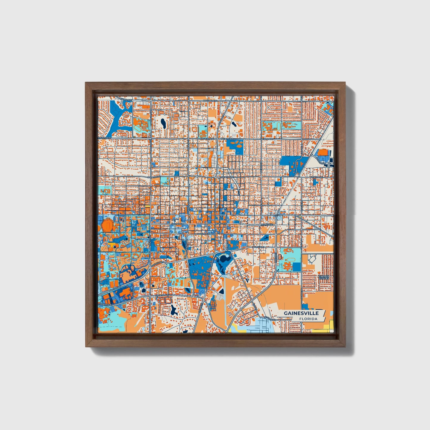 Gainesville Florida Colorful City Map Canvas Print • Dark Wooden Framed