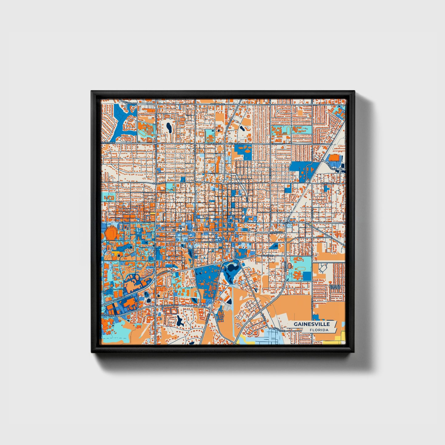 Gainesville Florida Colorful City Map Canvas Print • Black Framed