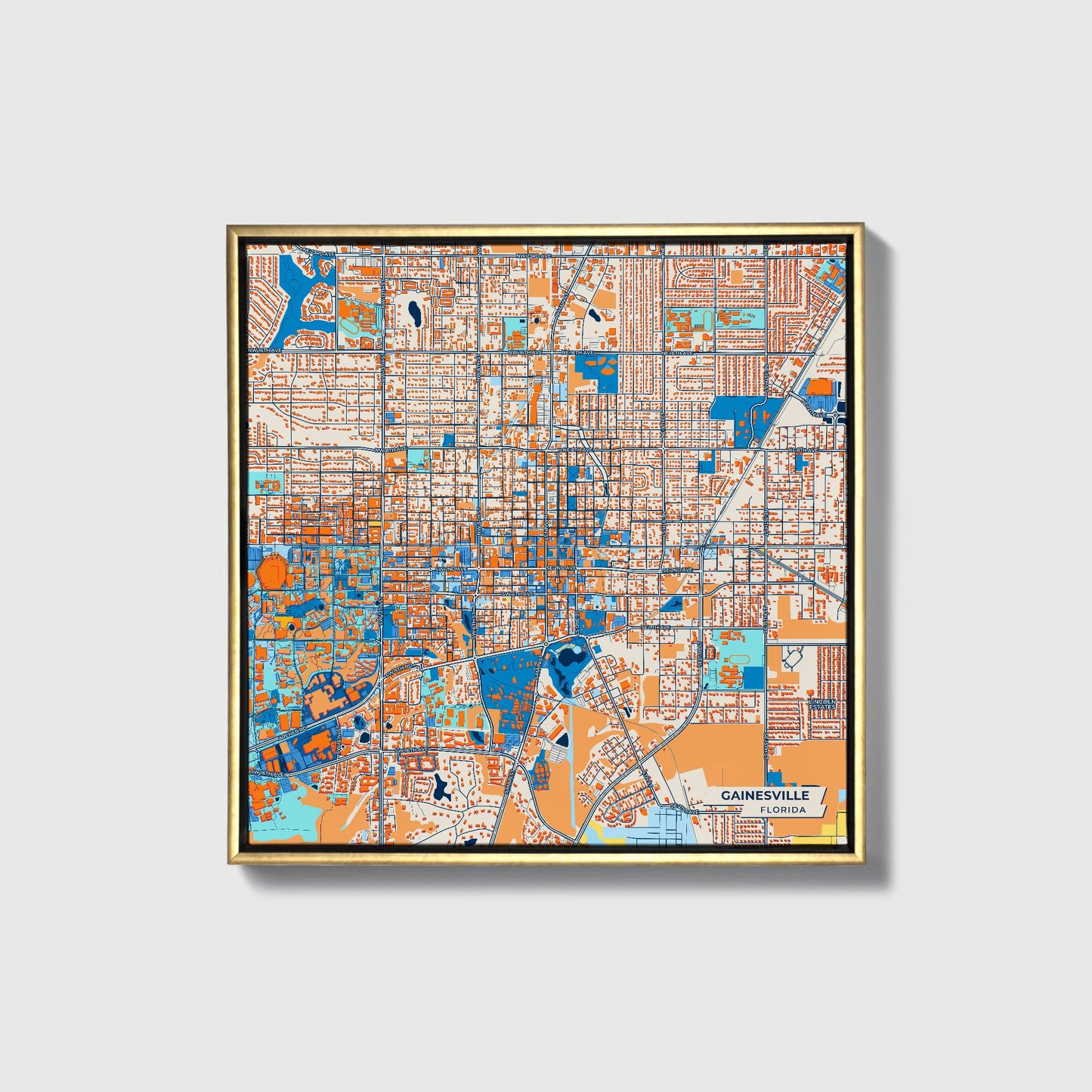 Gainesville Florida Colorful City Map Canvas Print • Gold Framed