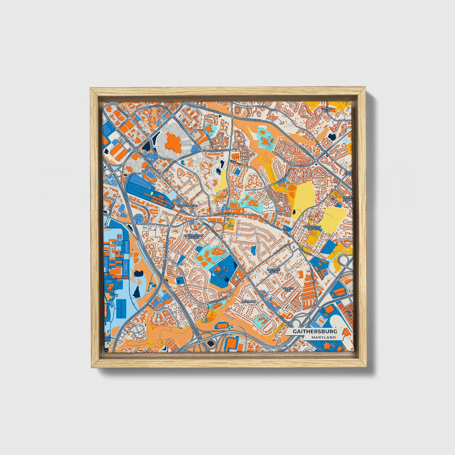 Gaithersburg Maryland Colorful City Map Canvas Print • Natural Wooden Framed