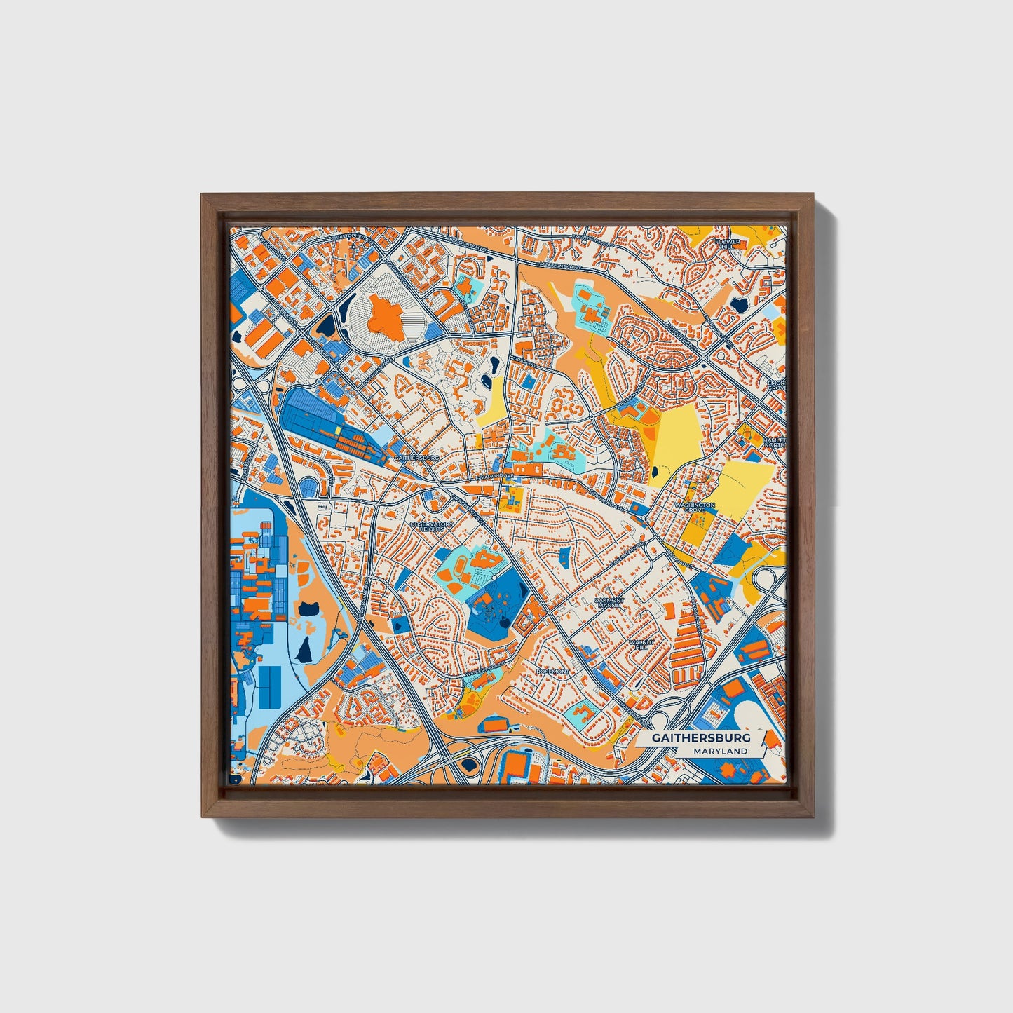 Gaithersburg Maryland Colorful City Map Canvas Print • Dark Wooden Framed