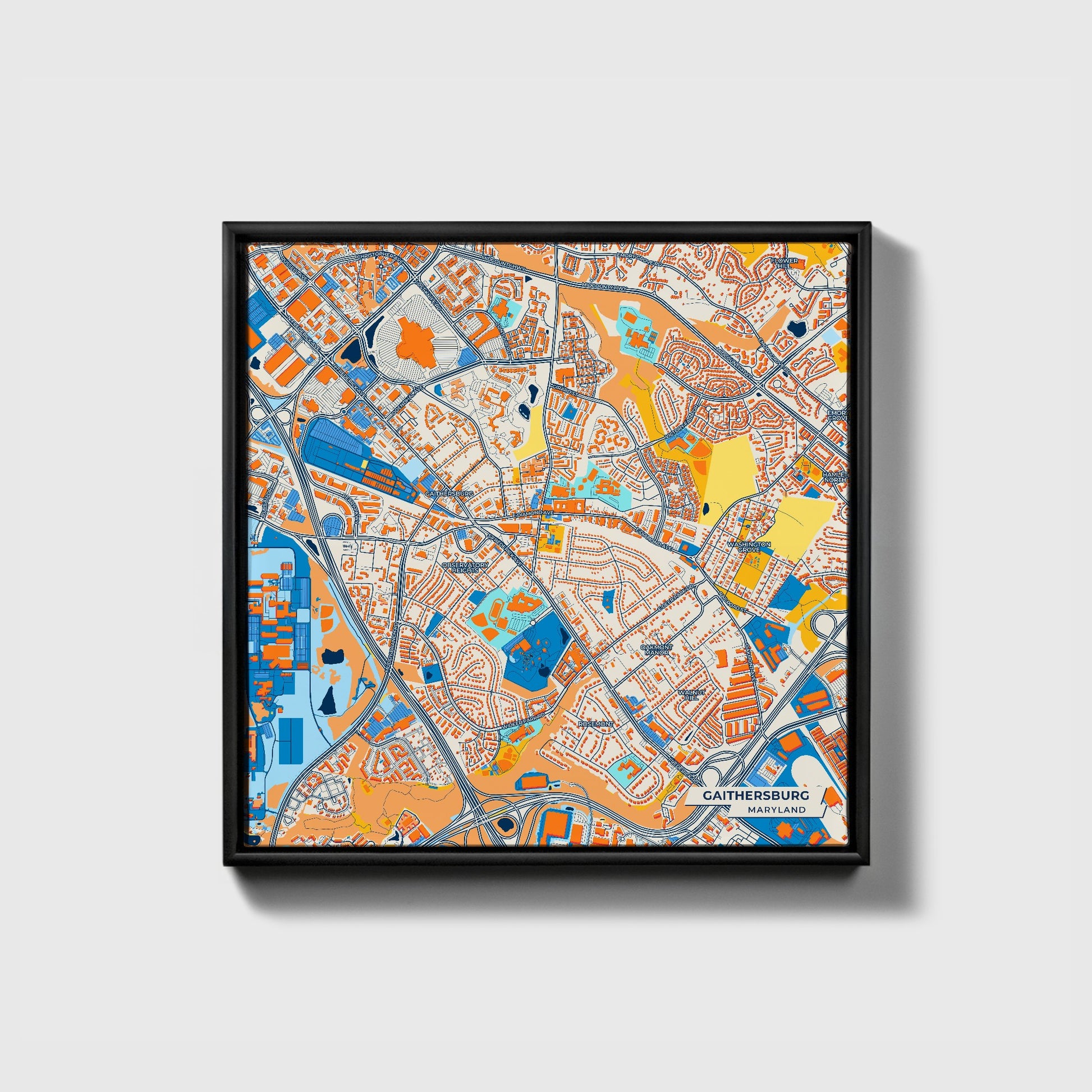 Gaithersburg Maryland Colorful City Map Canvas Print • Black Framed