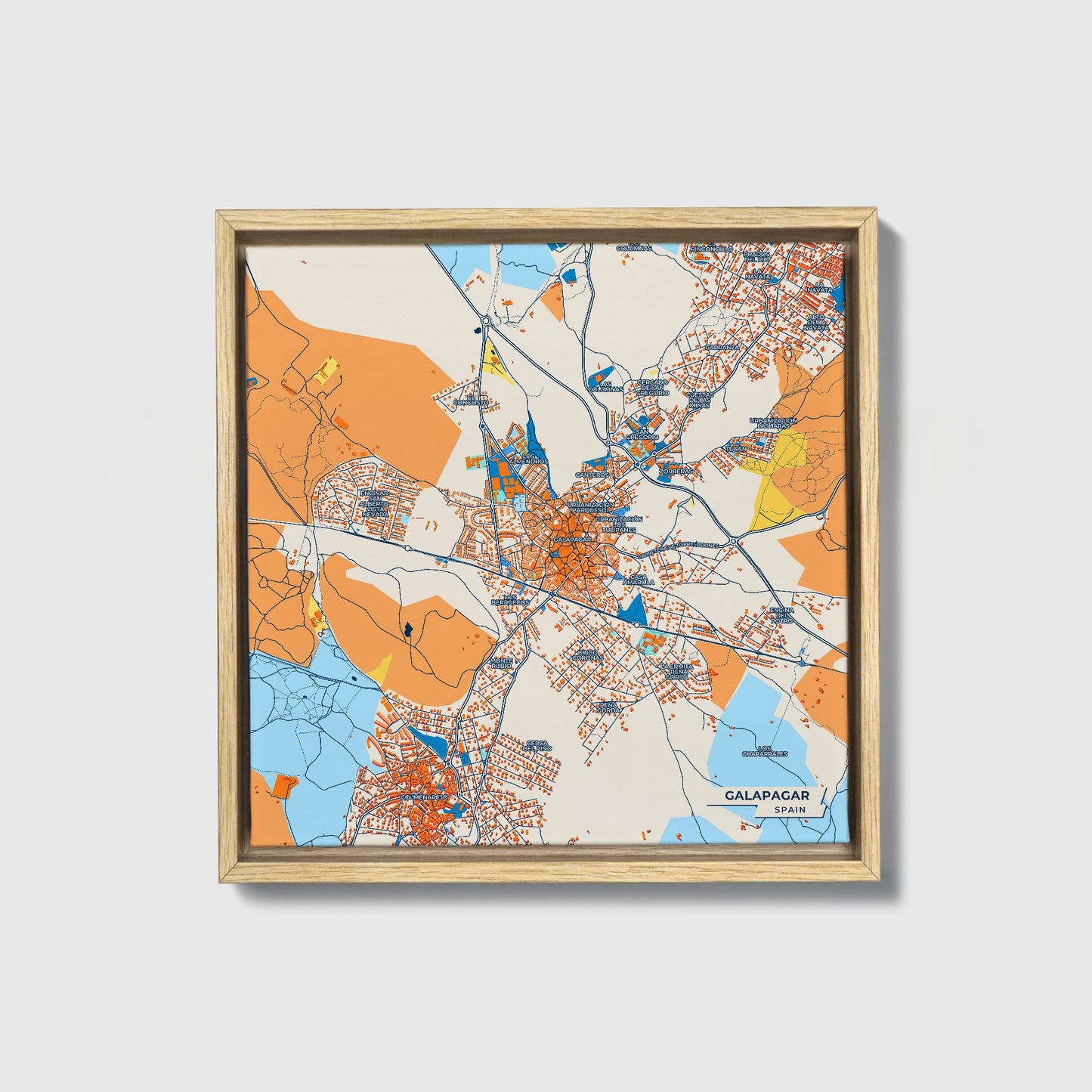 Galapagar Spain Colorful City Map Canvas Print • Natural Wooden Framed