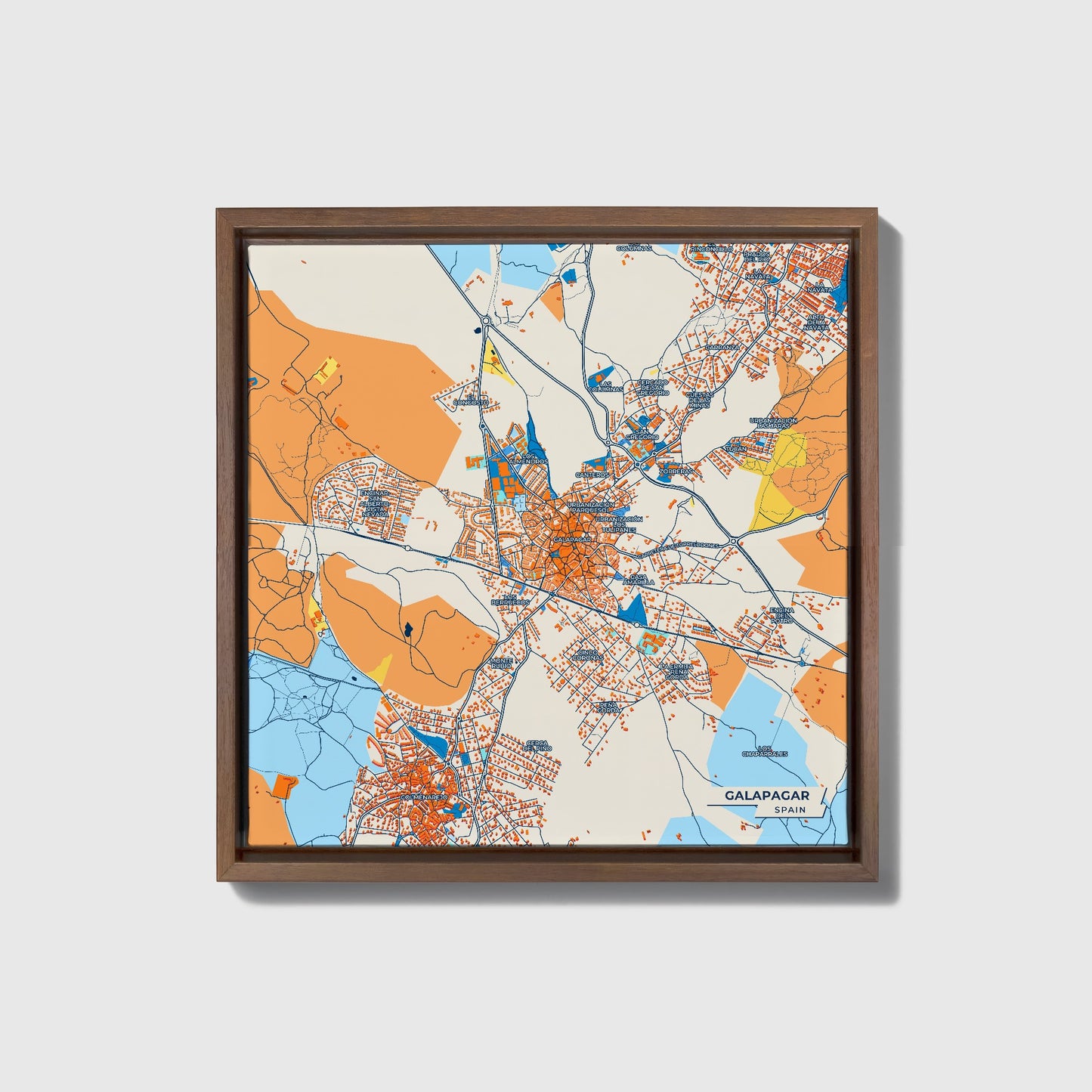 Galapagar Spain Colorful City Map Canvas Print • Dark Wooden Framed