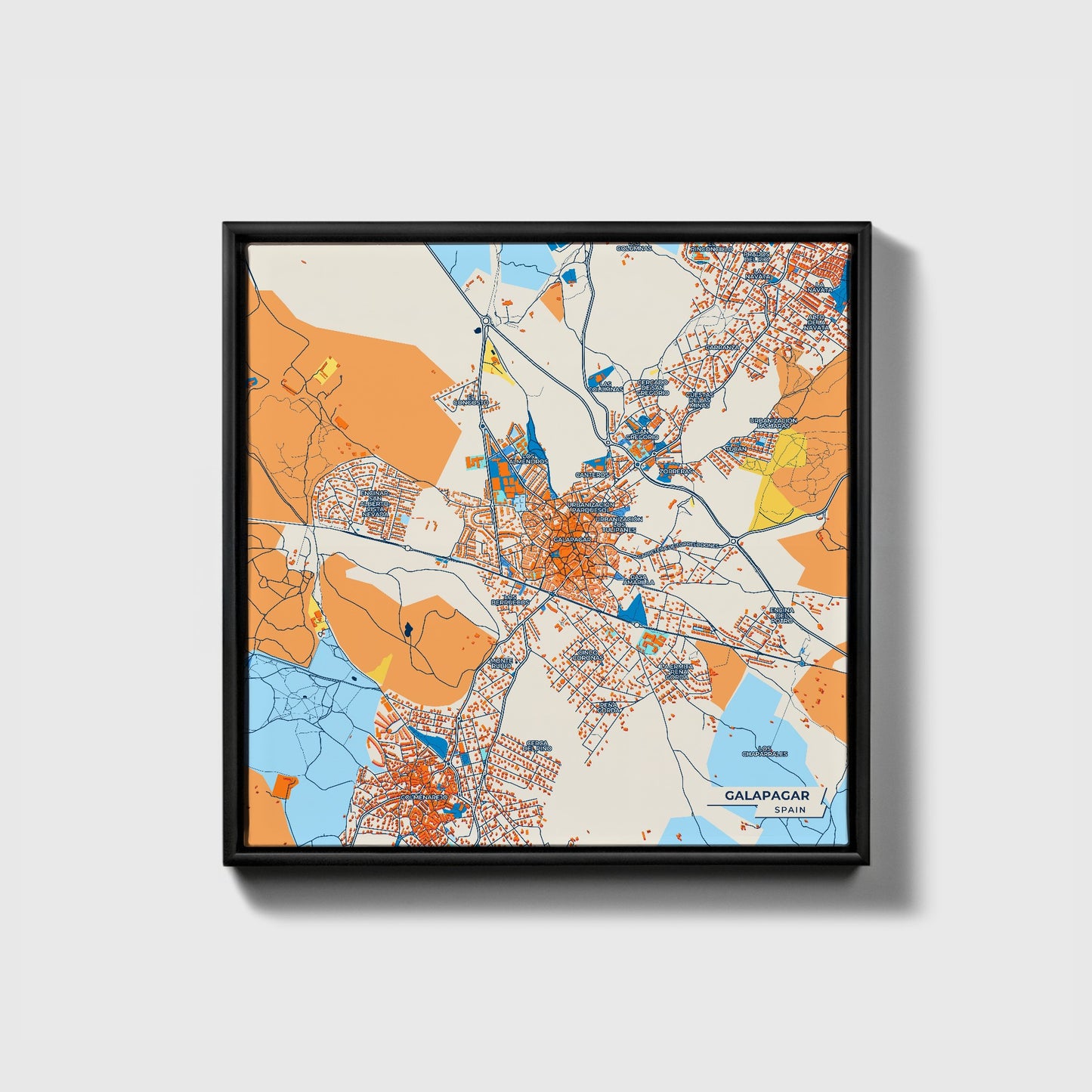 Galapagar Spain Colorful City Map Canvas Print • Black Framed