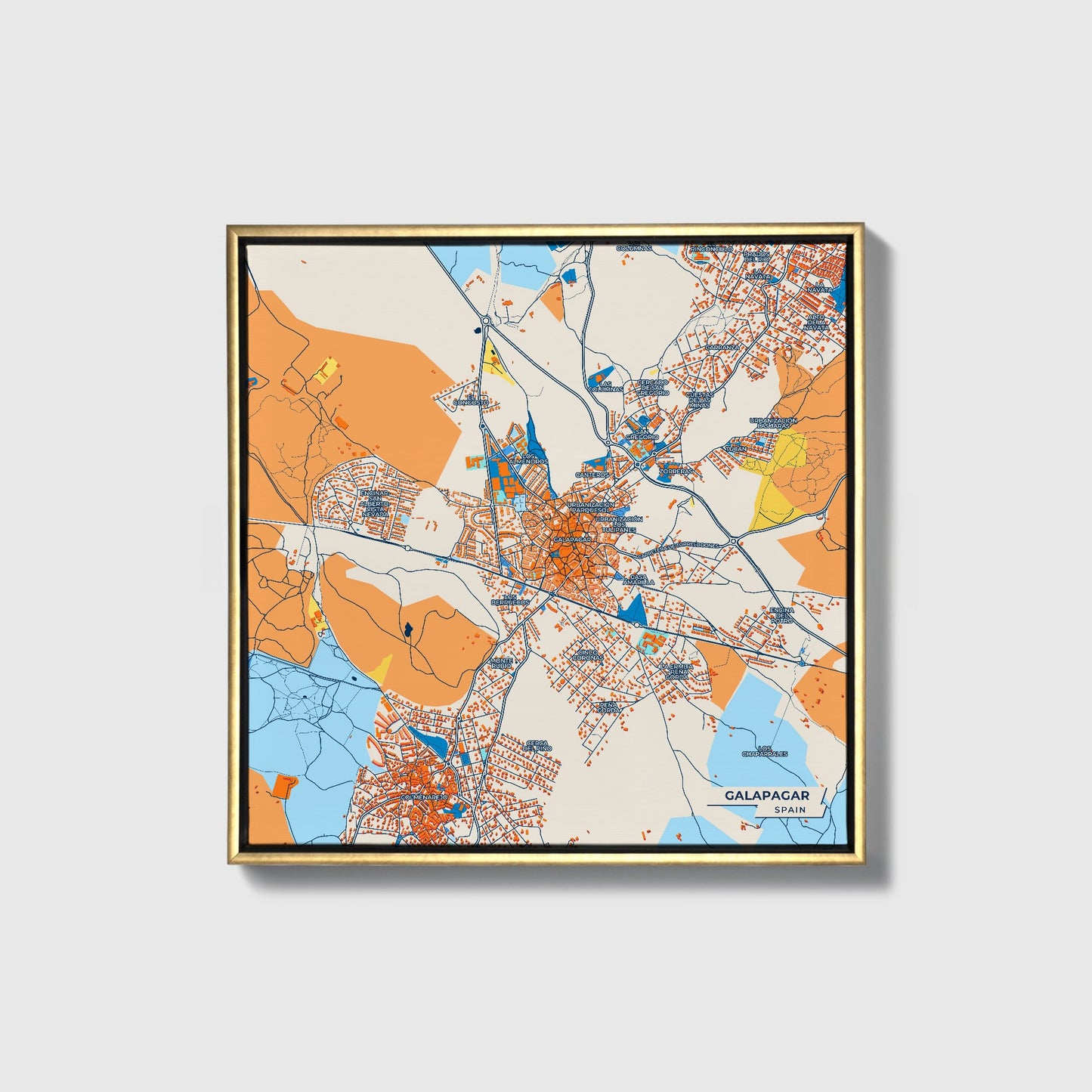 Galapagar Spain Colorful City Map Canvas Print • Gold Framed