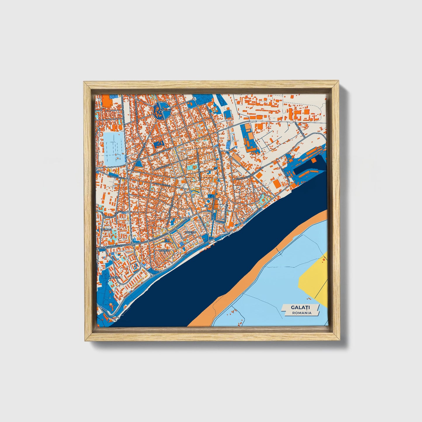 Galați Romania Colorful City Map Canvas Print • Natural Wooden Framed