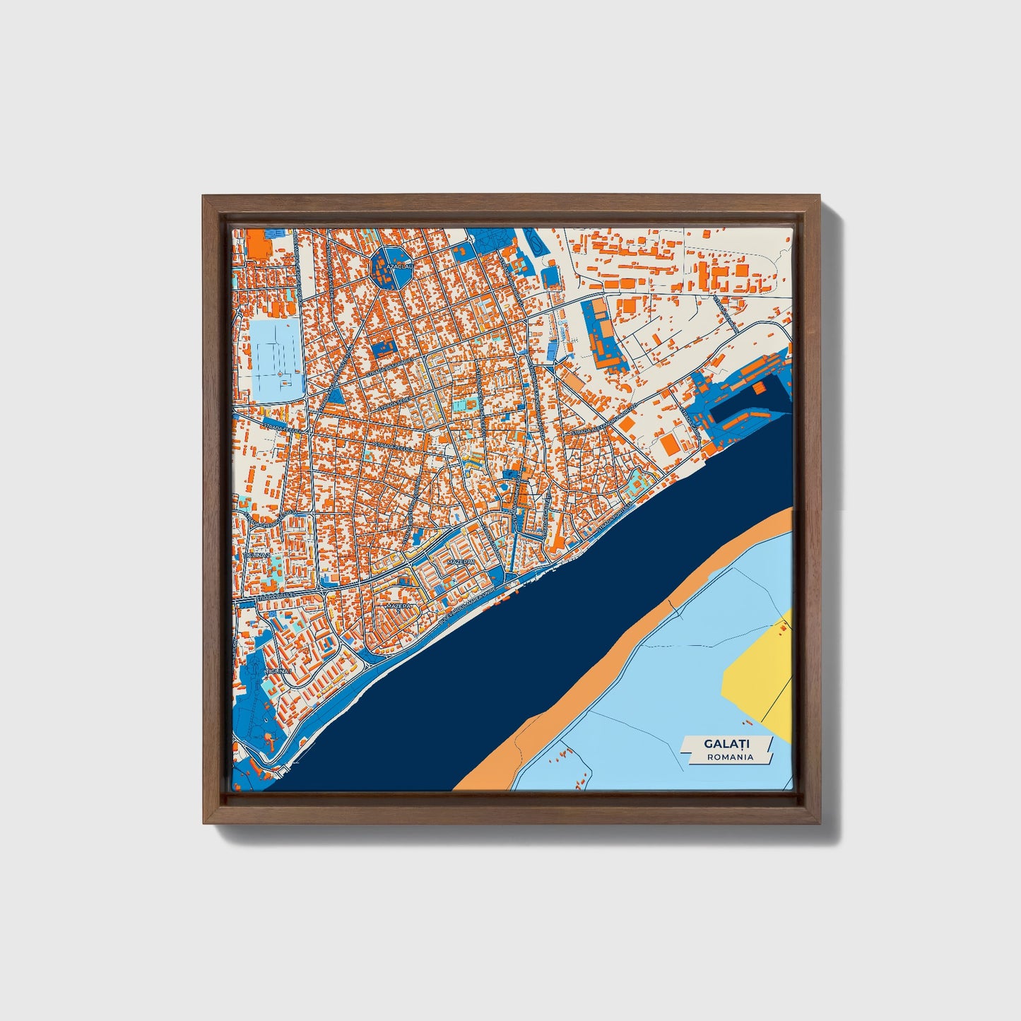 Galați Romania Colorful City Map Canvas Print • Dark Wooden Framed