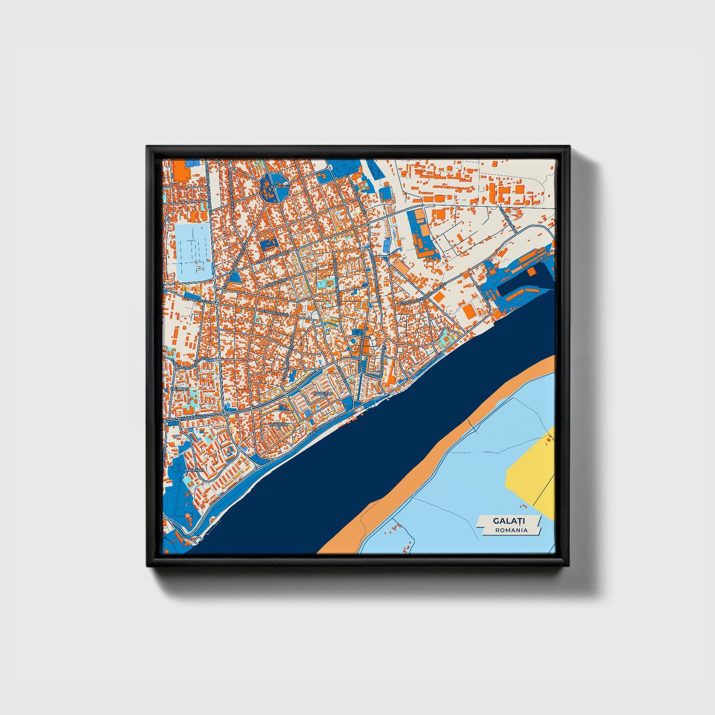 Galați Romania Colorful City Map Canvas Print • Black Framed