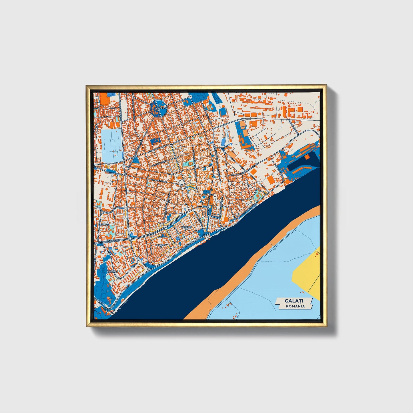 Galați Romania Colorful City Map Canvas Print • Gold Framed