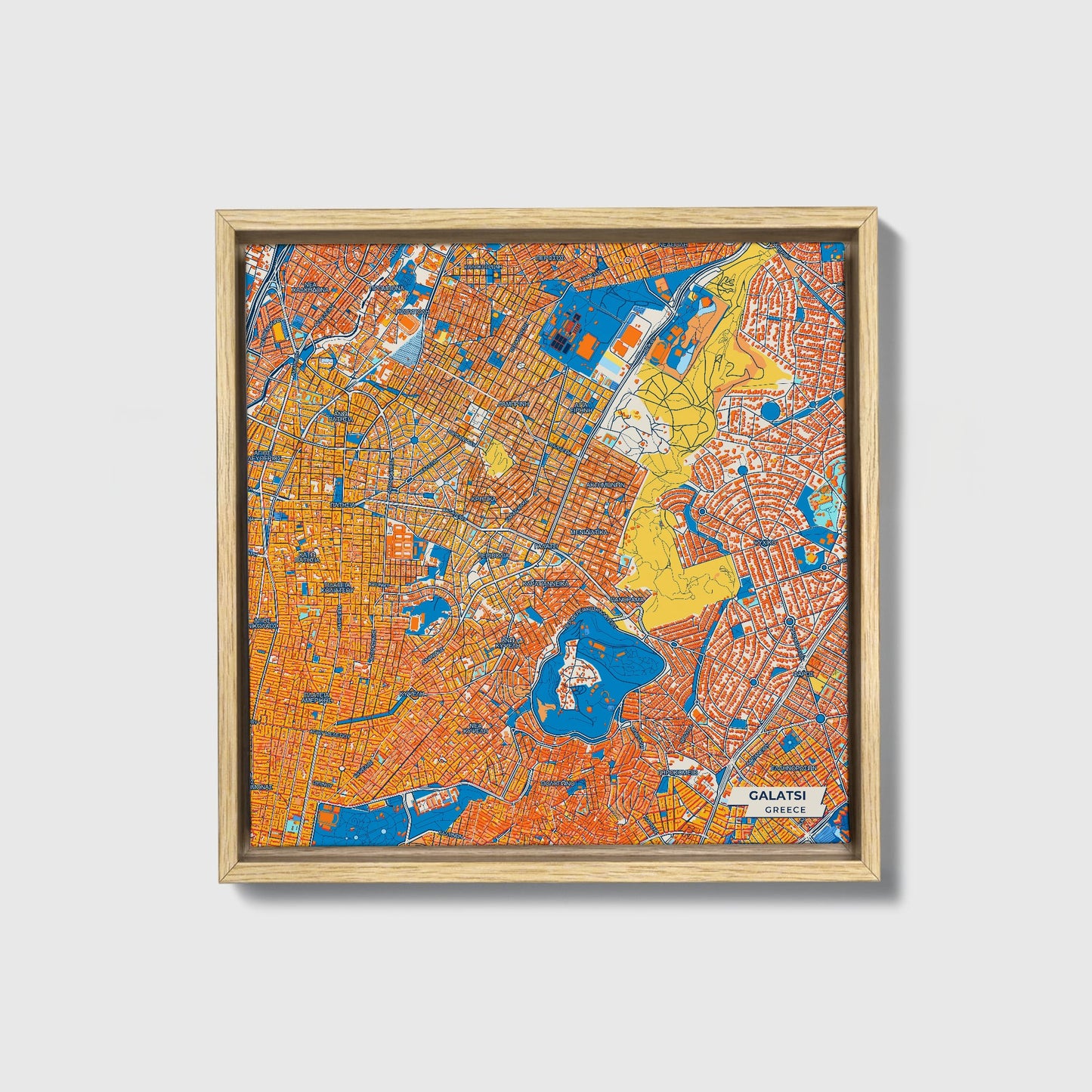 Γαλατσι Greece Colorful City Map Canvas Print • Natural Wooden Framed