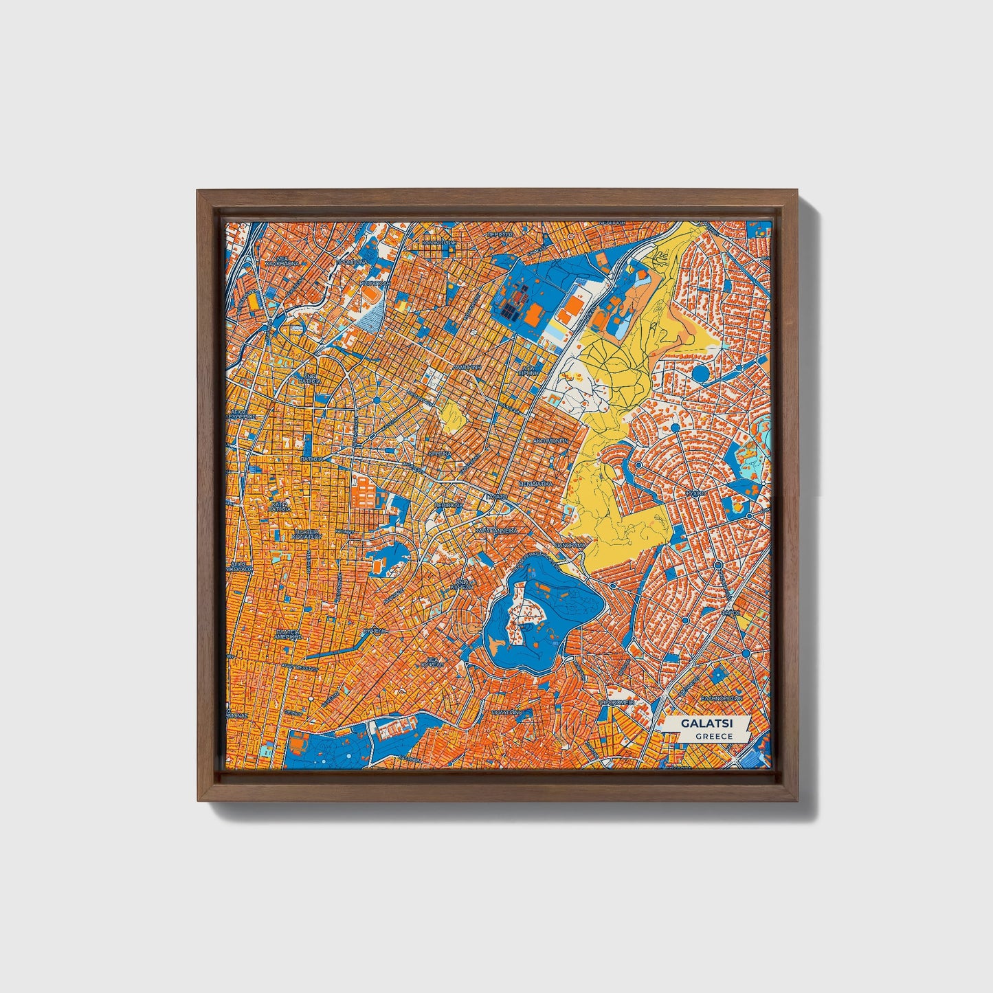 Γαλατσι Greece Colorful City Map Canvas Print • Dark Wooden Framed