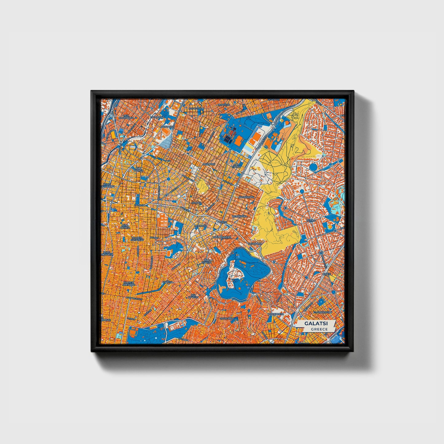Γαλατσι Greece Colorful City Map Canvas Print • Black Framed