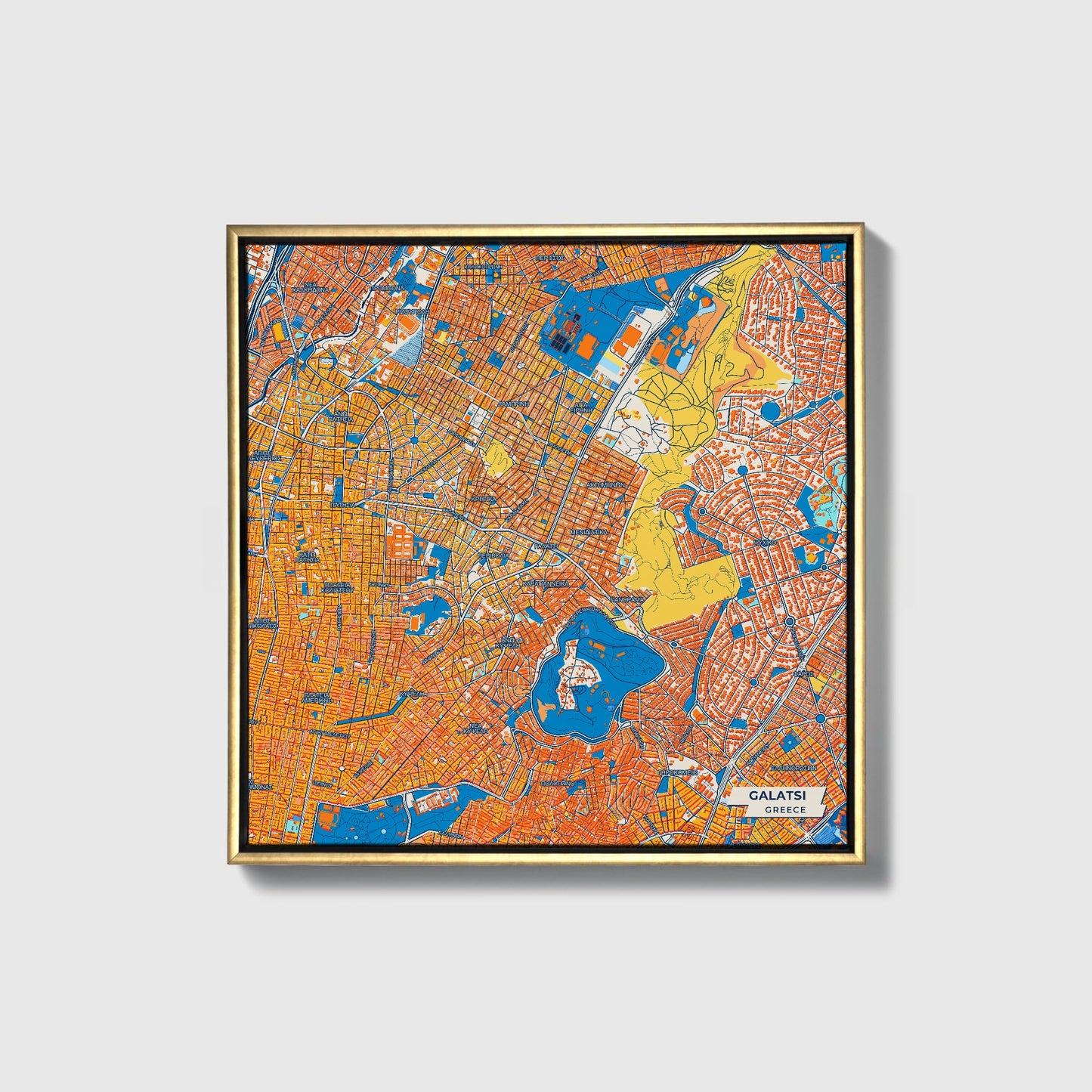 Γαλατσι Greece Colorful City Map Canvas Print • Gold Framed