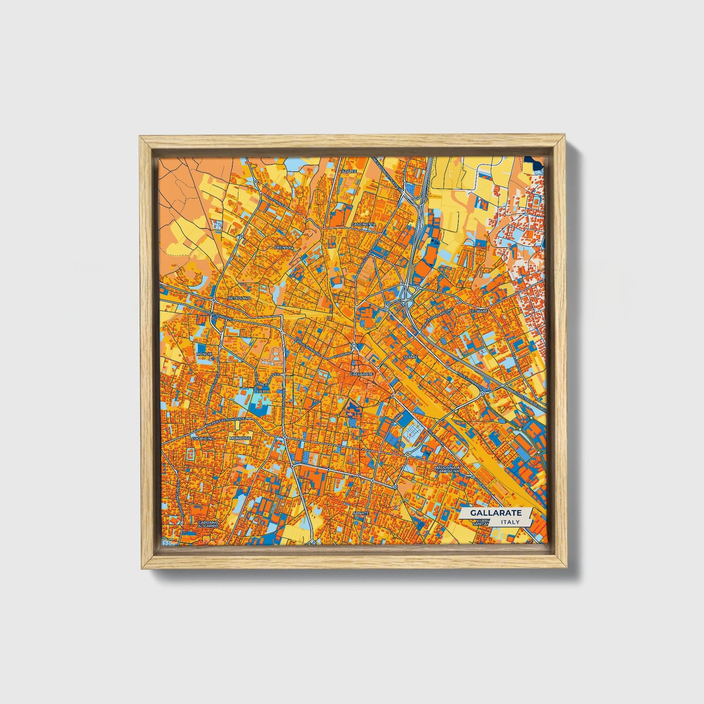 Gallarate Italy Colorful City Map Canvas Print • Natural Wooden Framed