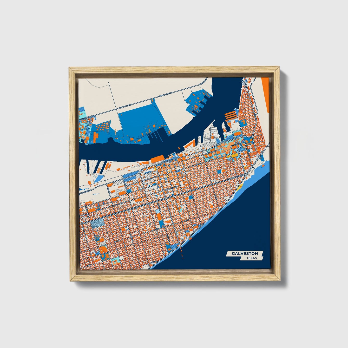Galveston Texas Colorful City Map Canvas Print • Natural Wooden Framed