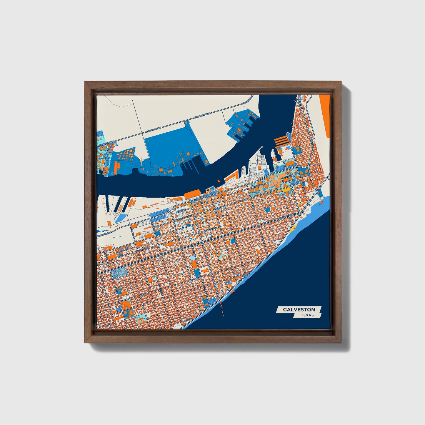 Galveston Texas Colorful City Map Canvas Print • Dark Wooden Framed