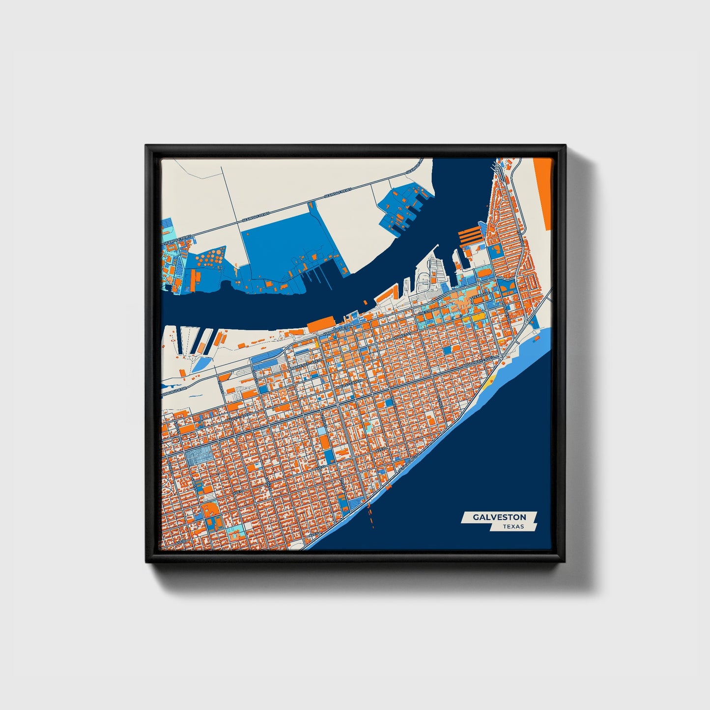 Galveston Texas Colorful City Map Canvas Print • Black Framed