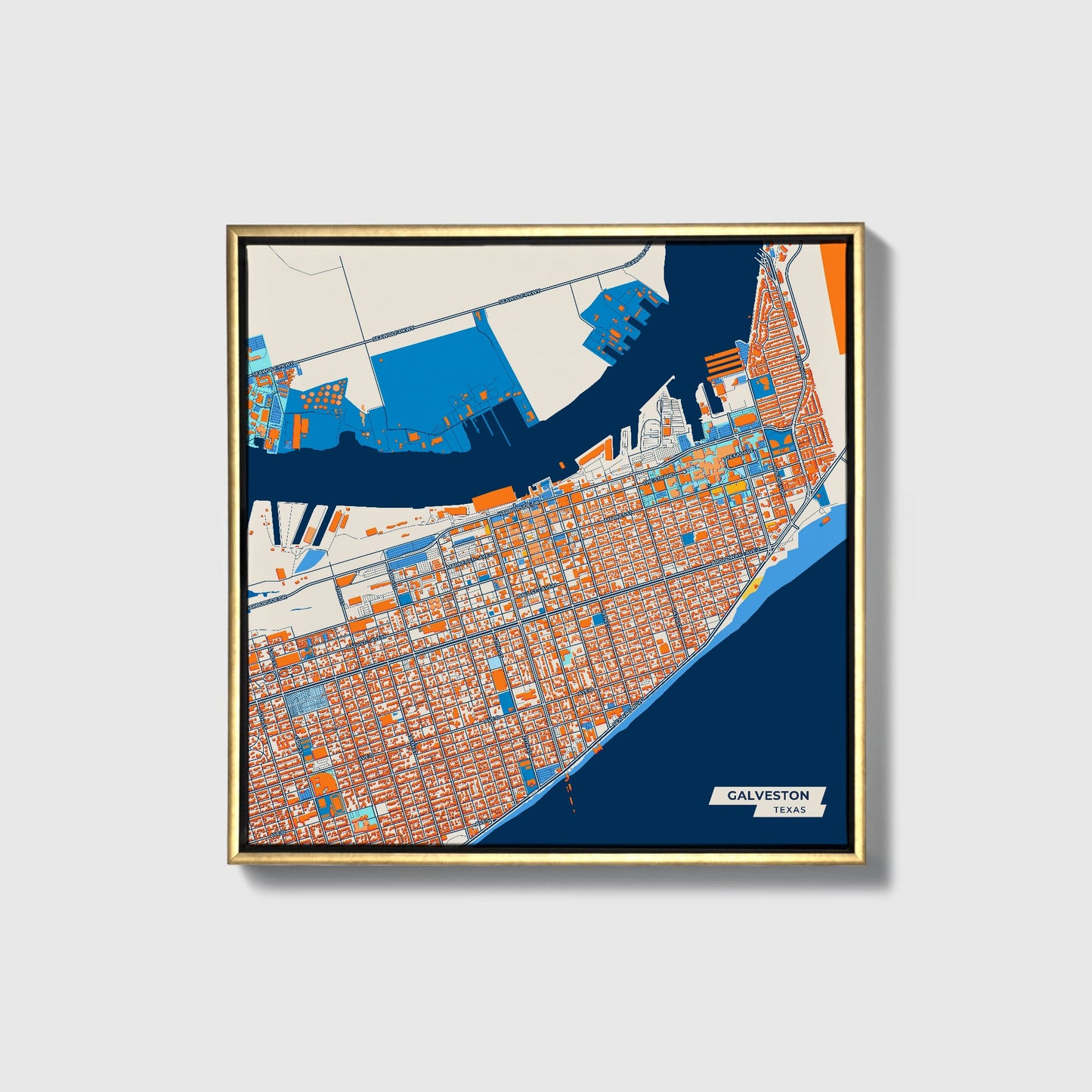 Galveston Texas Colorful City Map Canvas Print • Gold Framed