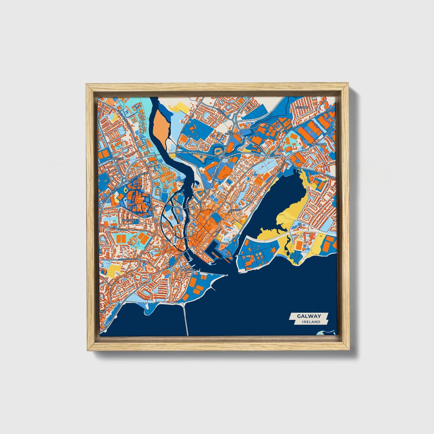 Galway Ireland Colorful City Map Canvas Print • Natural Wooden Framed