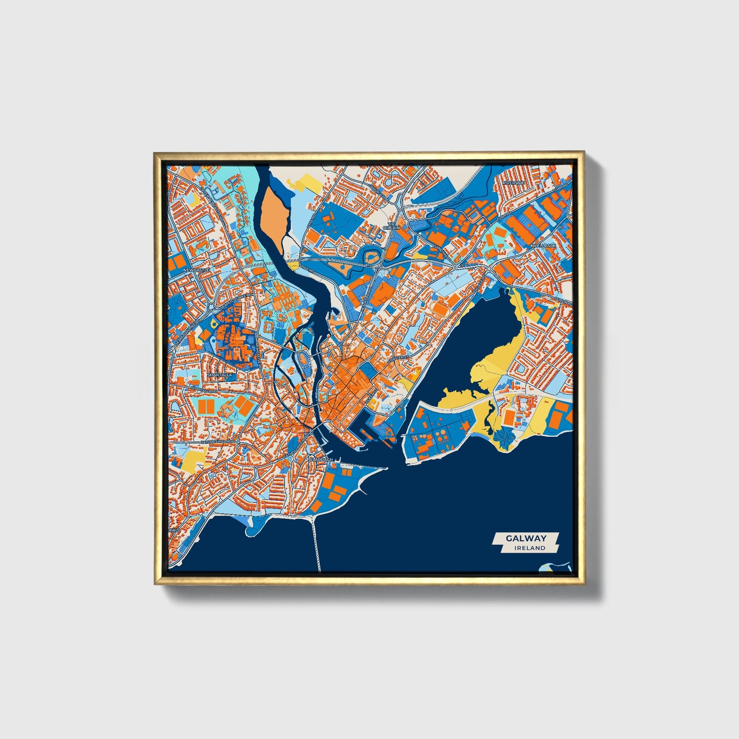 Galway Ireland Colorful City Map Canvas Print • Gold Framed