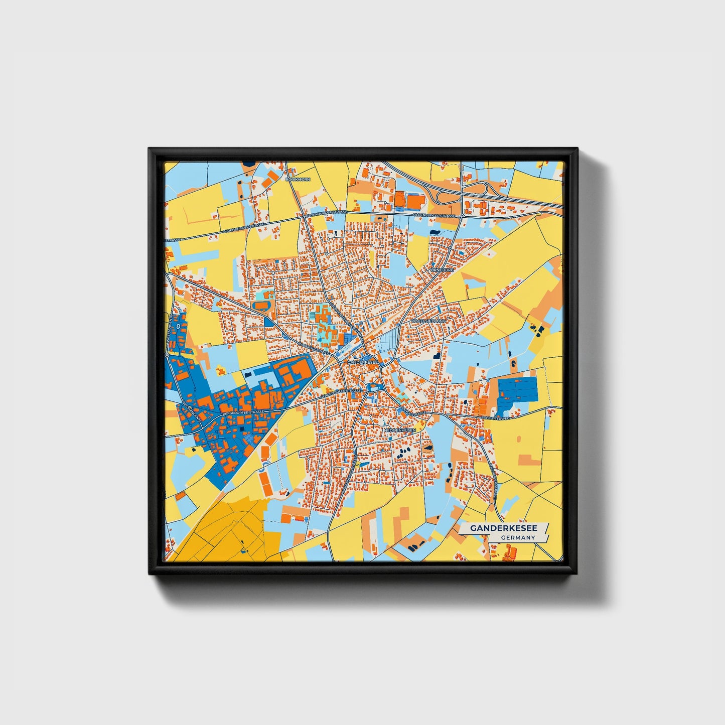 Ganderkesee Germany Colorful City Map Canvas Print • Black Framed