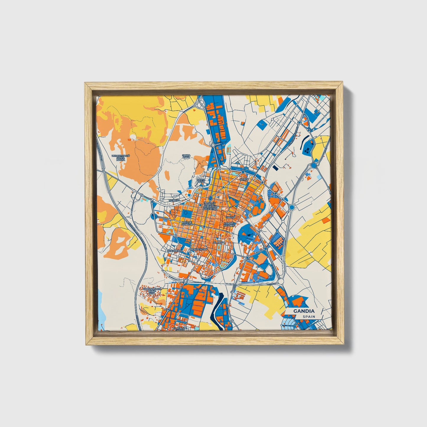 Gandia Spain Colorful City Map Canvas Print • Natural Wooden Framed