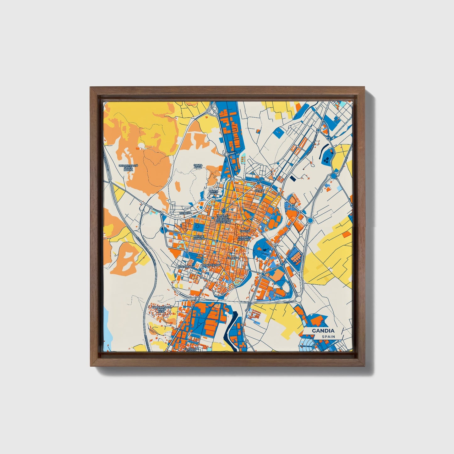 Gandia Spain Colorful City Map Canvas Print • Dark Wooden Framed