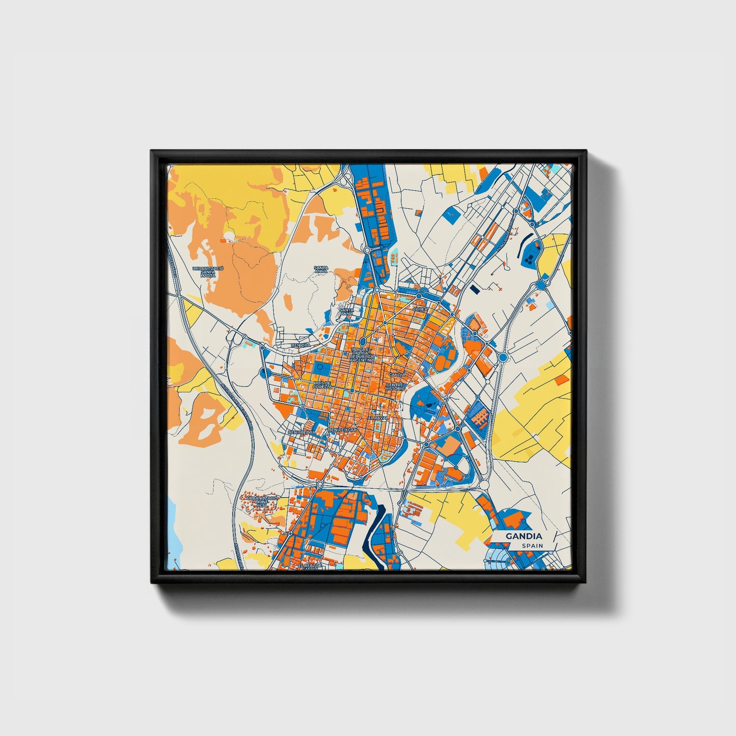Gandia Spain Colorful City Map Canvas Print • Black Framed