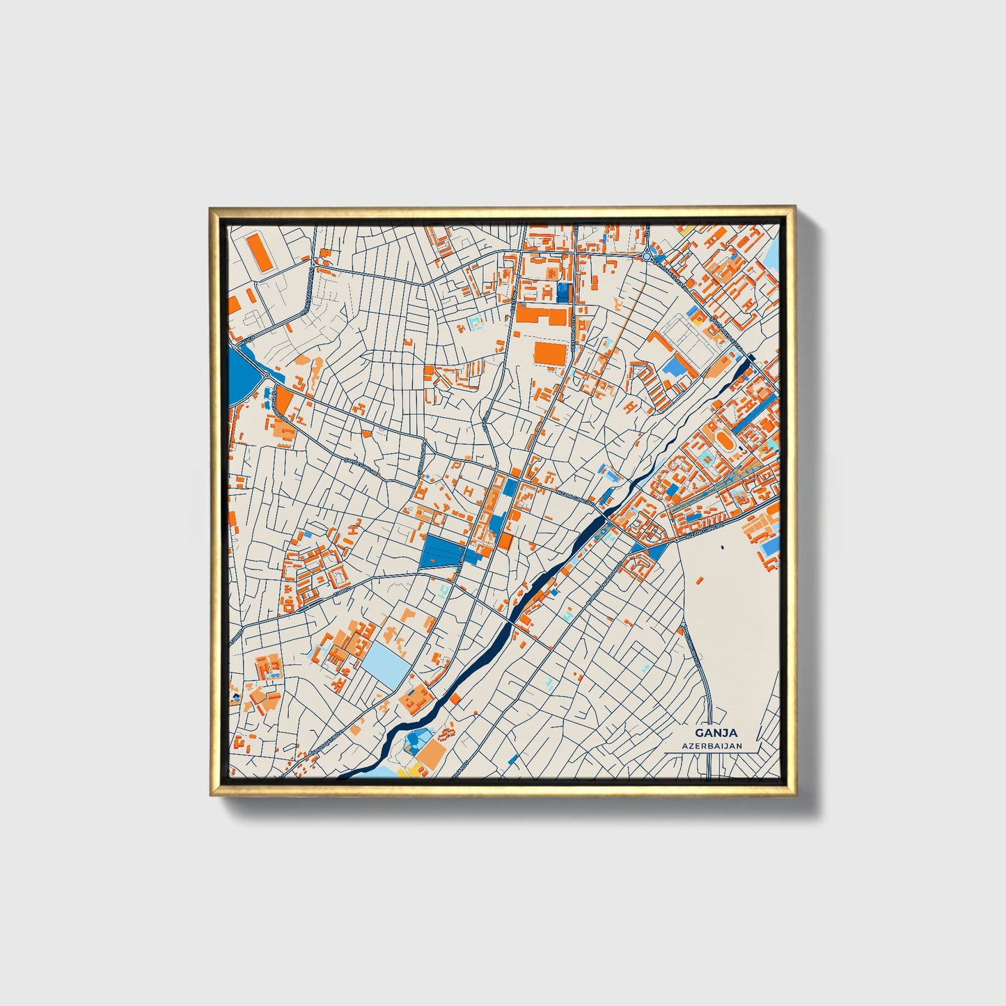 Ganja Azerbaijan Colorful City Map Canvas Print • Gold Framed