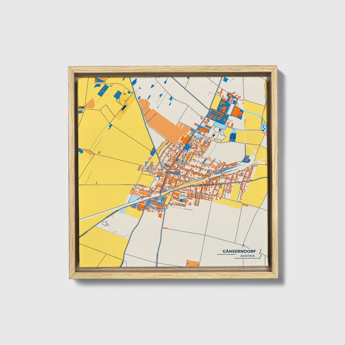 Gänserndorf Austria Colorful City Map Canvas Print • Natural Wooden Framed