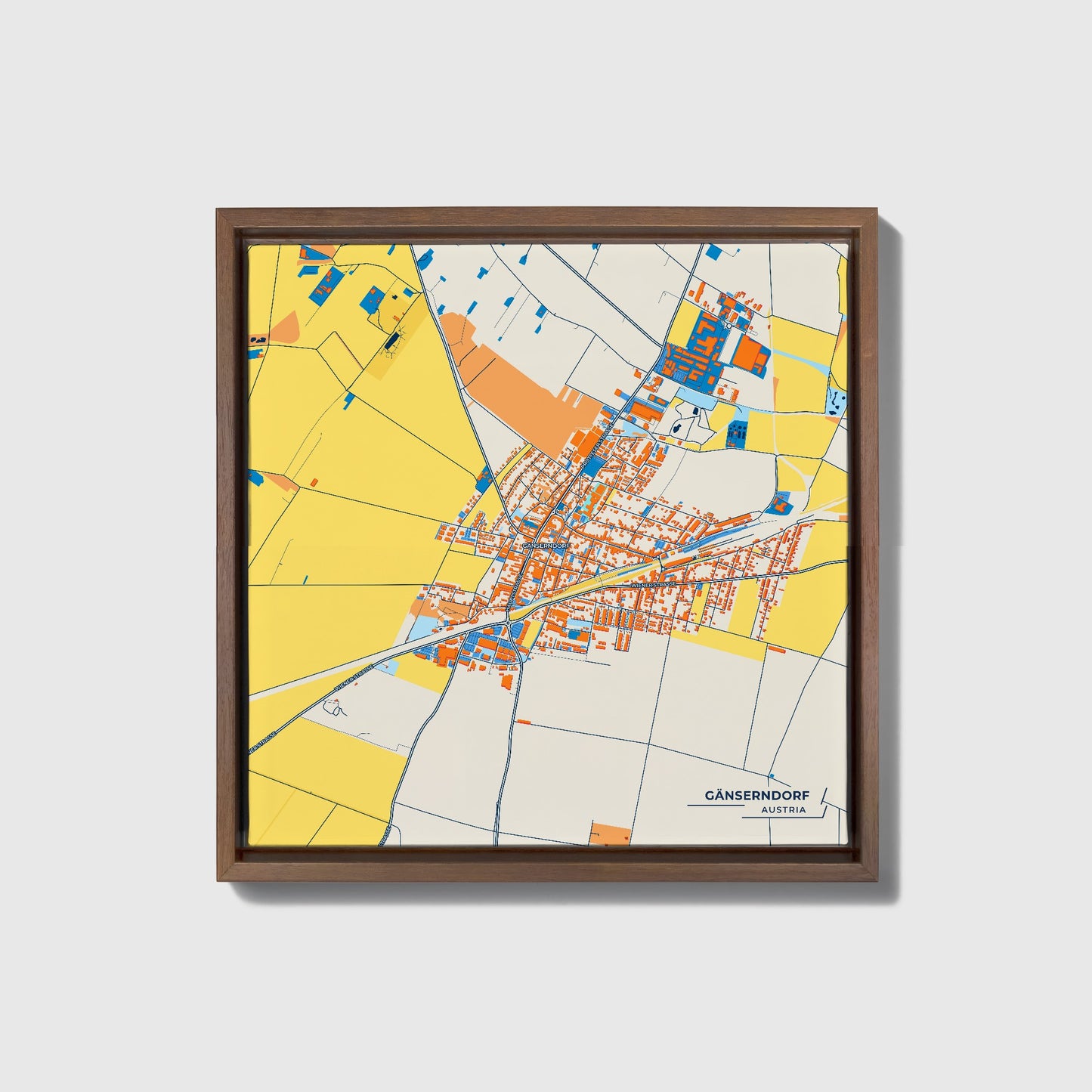 Gänserndorf Austria Colorful City Map Canvas Print • Dark Wooden Framed