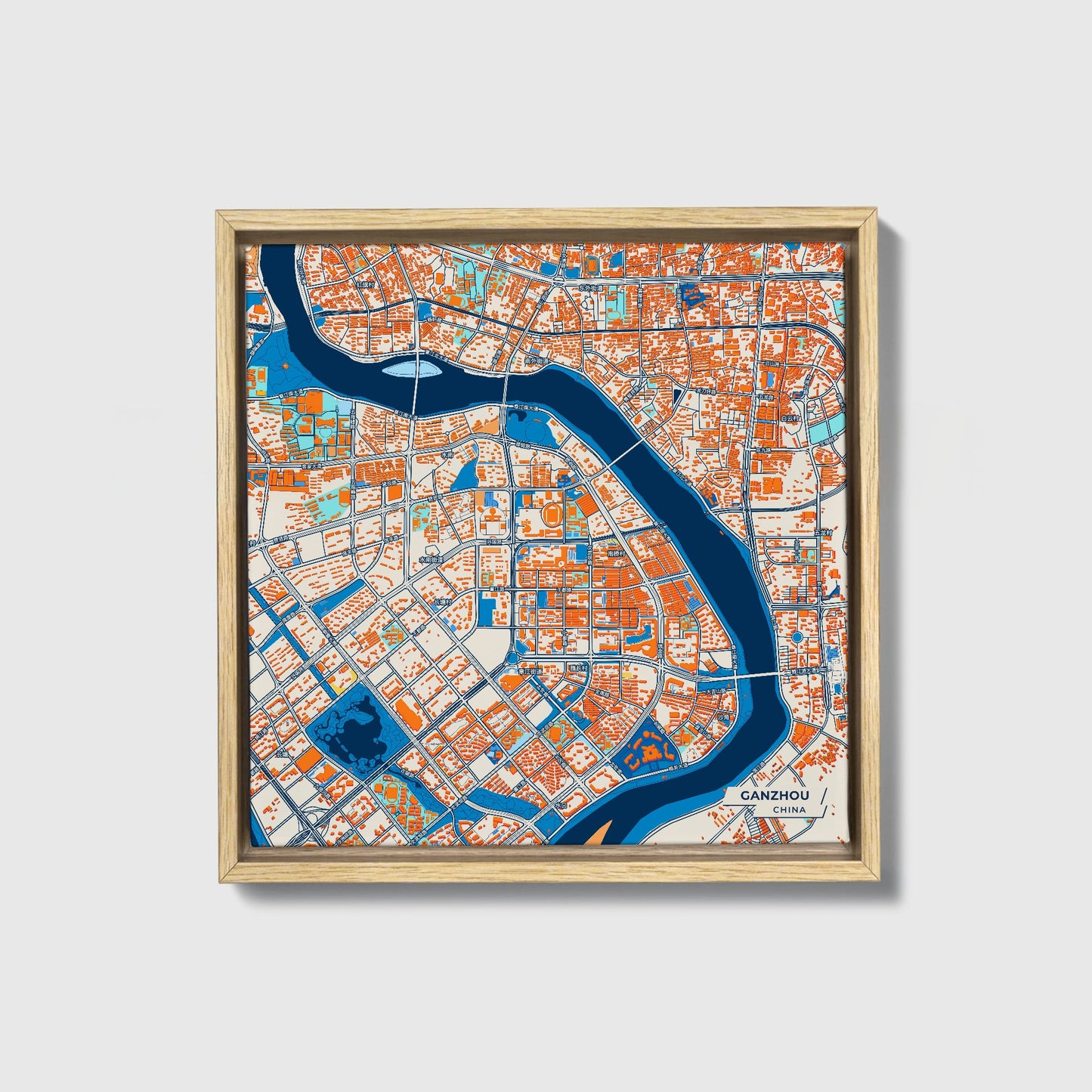 Ganzhou China Colorful City Map Canvas Print • Natural Wooden Framed
