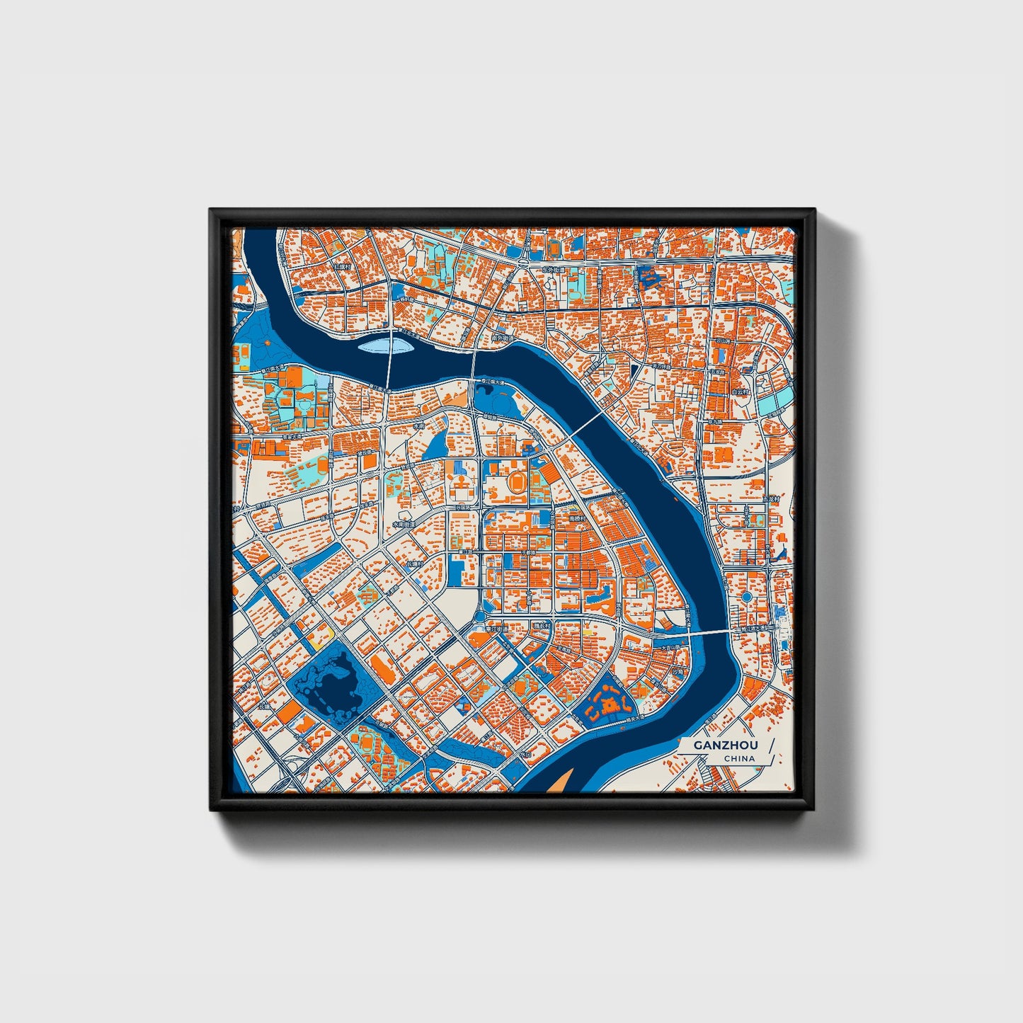 Ganzhou China Colorful City Map Canvas Print • Black Framed