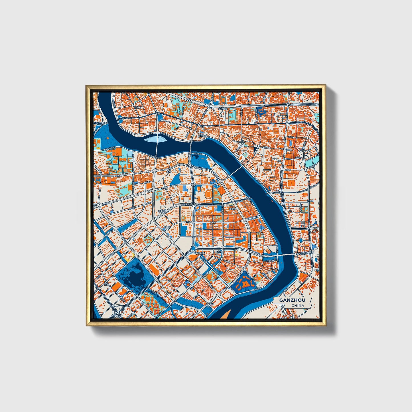 Ganzhou China Colorful City Map Canvas Print • Gold Framed