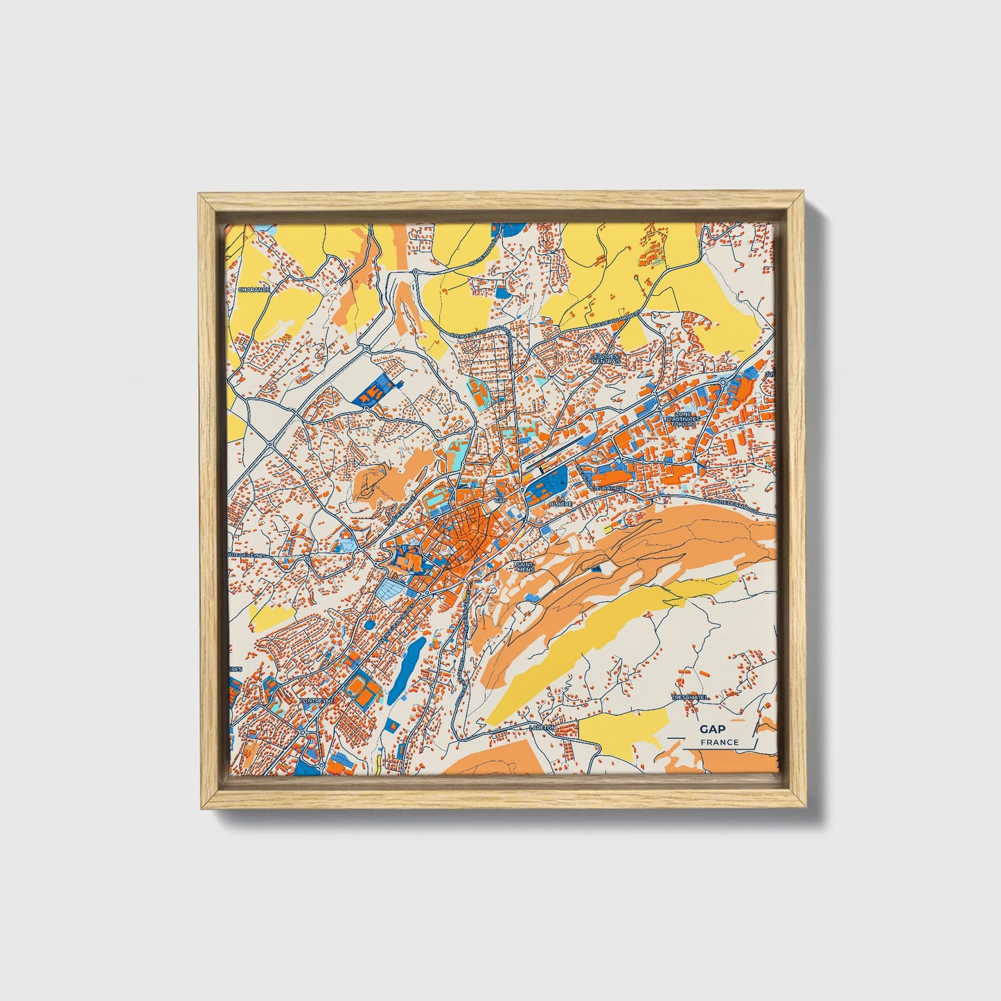 Gap France Colorful City Map Canvas Print • Natural Wooden Framed