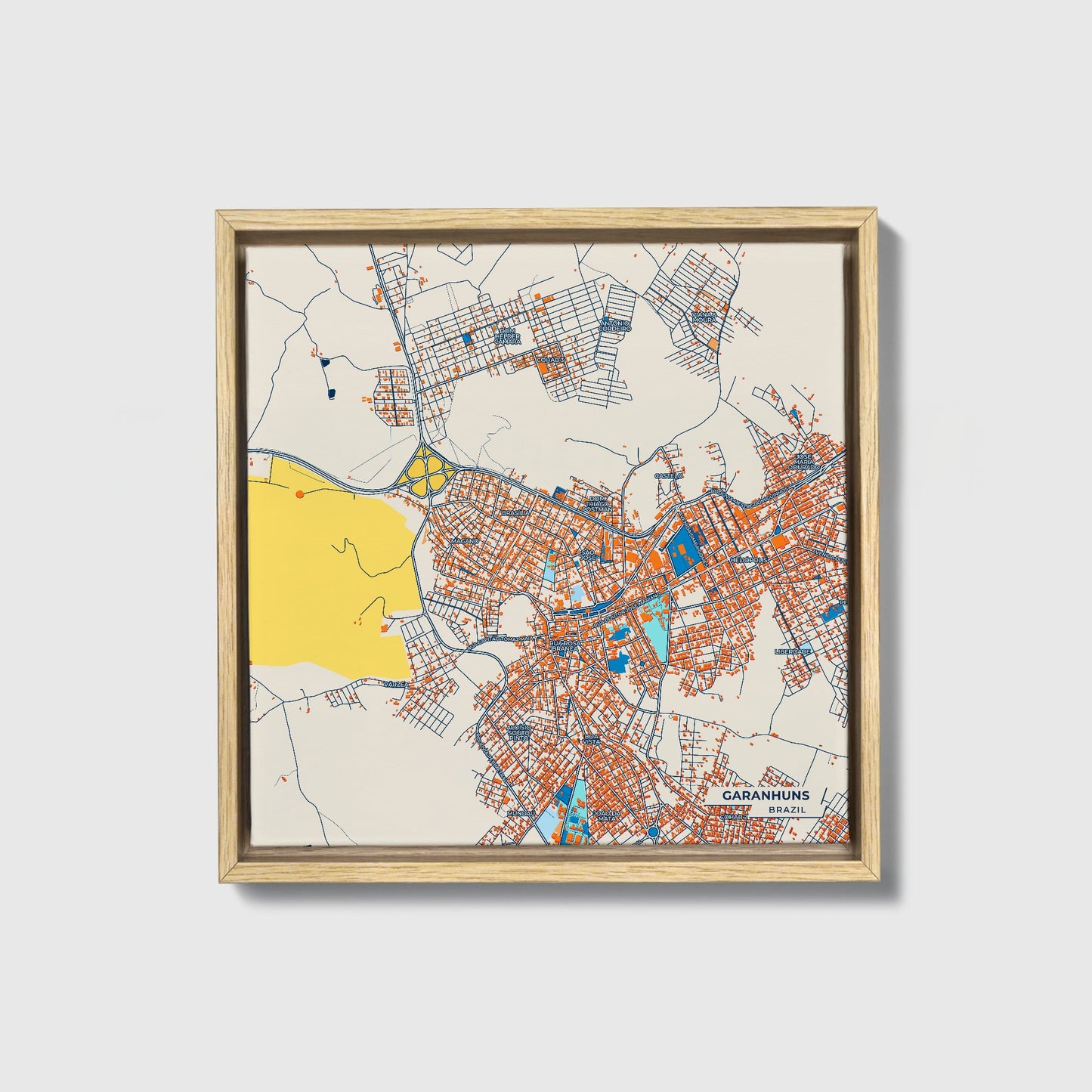 Garanhuns Brazil Colorful City Map Canvas Print • Natural Wooden Framed