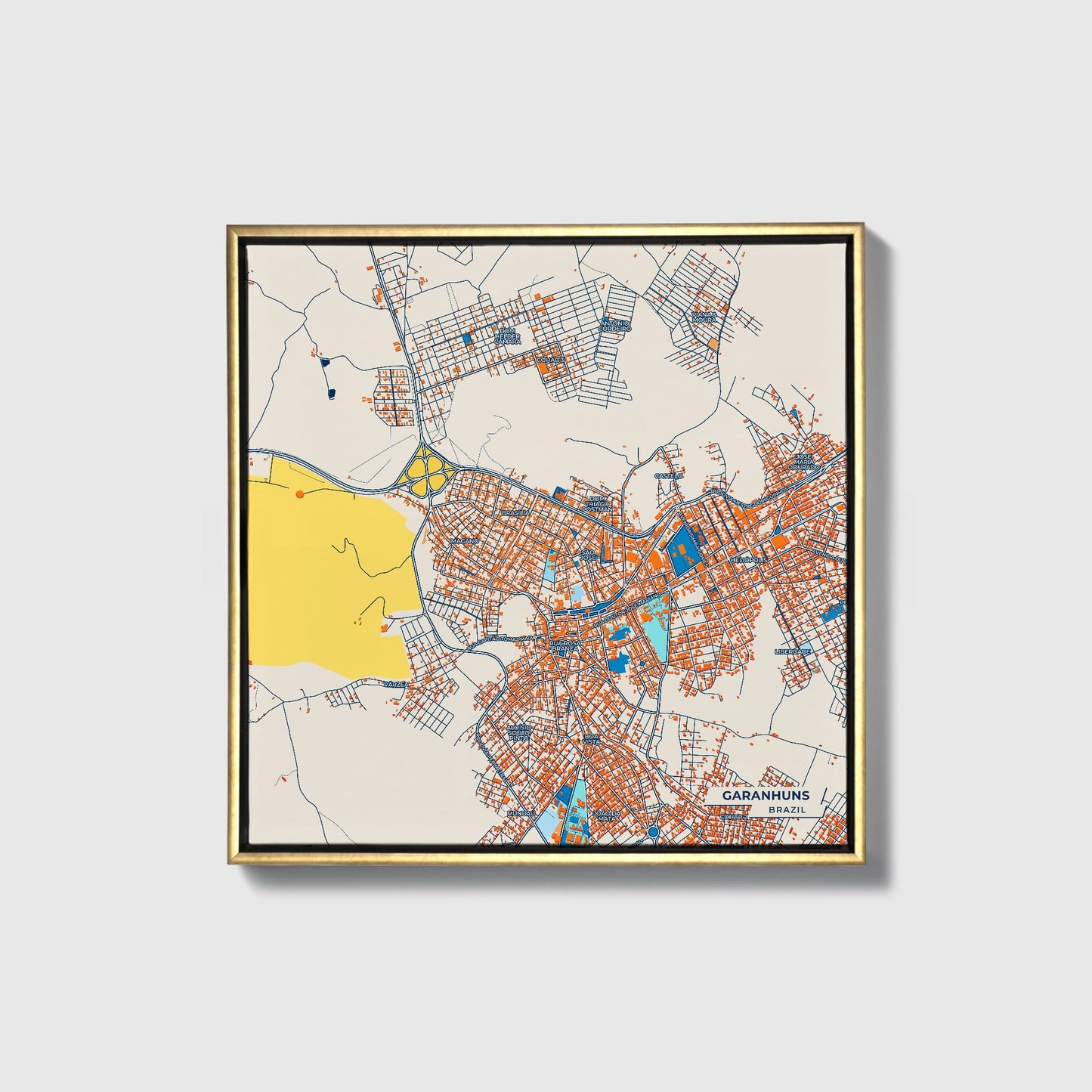 Garanhuns Brazil Colorful City Map Canvas Print • Gold Framed