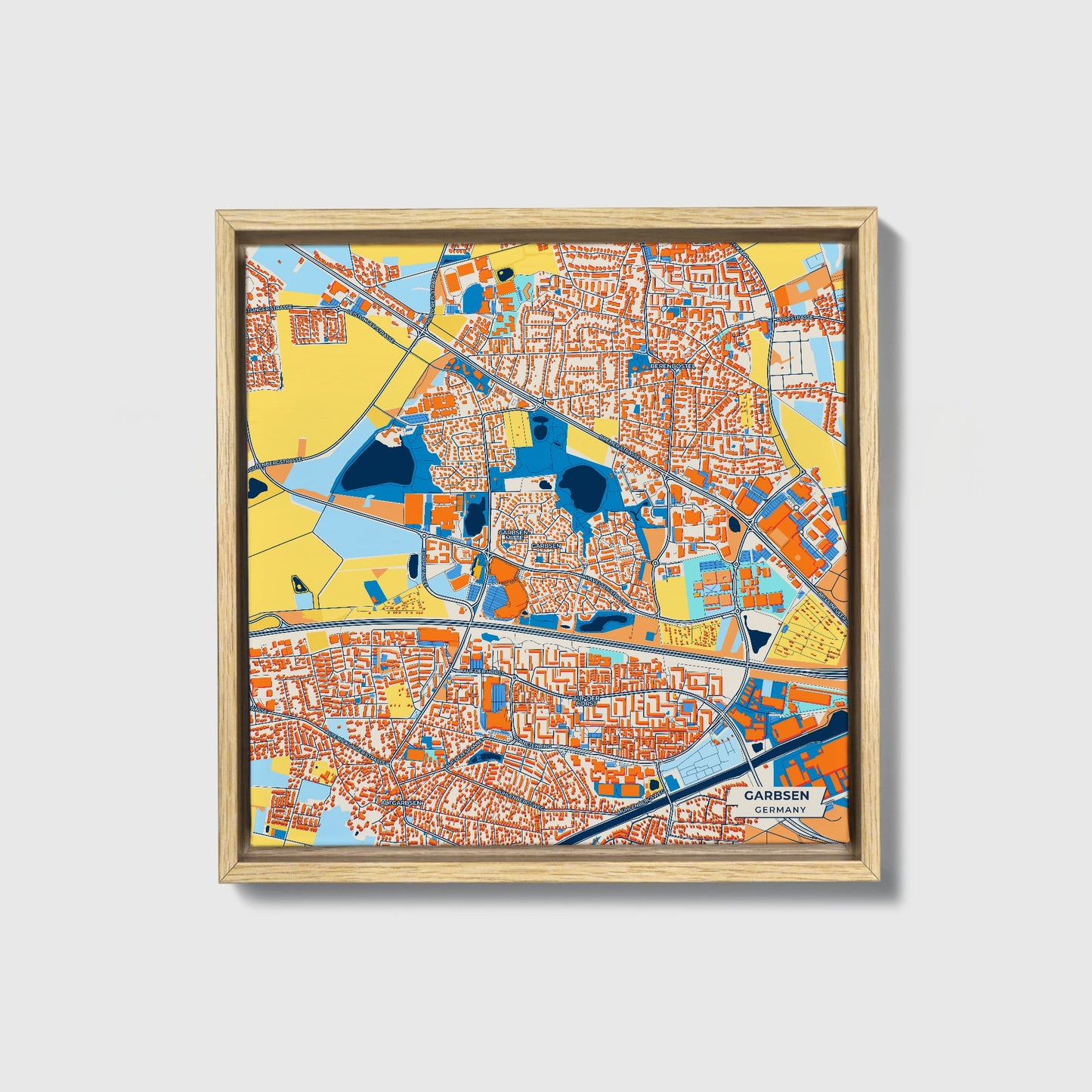 Garbsen Germany Colorful City Map Canvas Print • Natural Wooden Framed