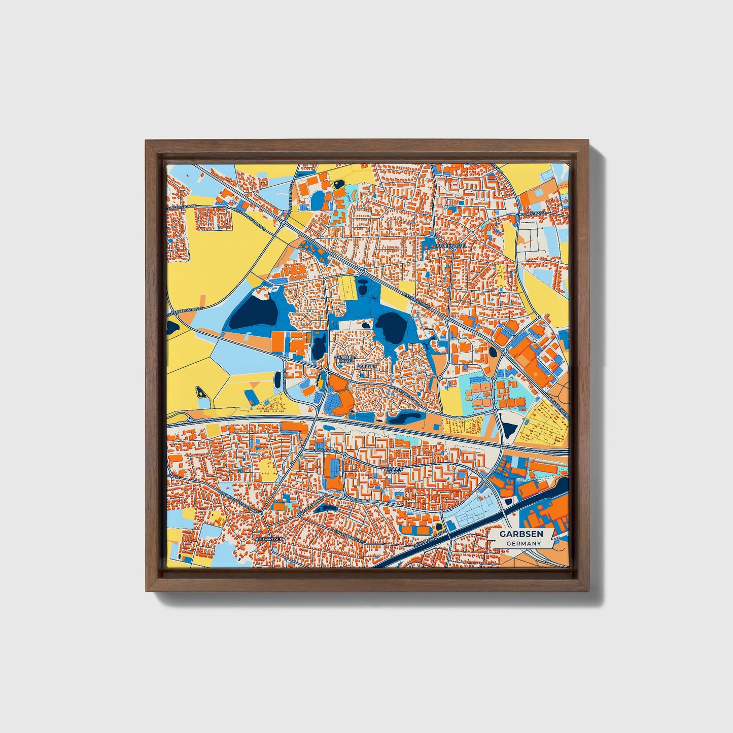 Garbsen Germany Colorful City Map Canvas Print • Dark Wooden Framed