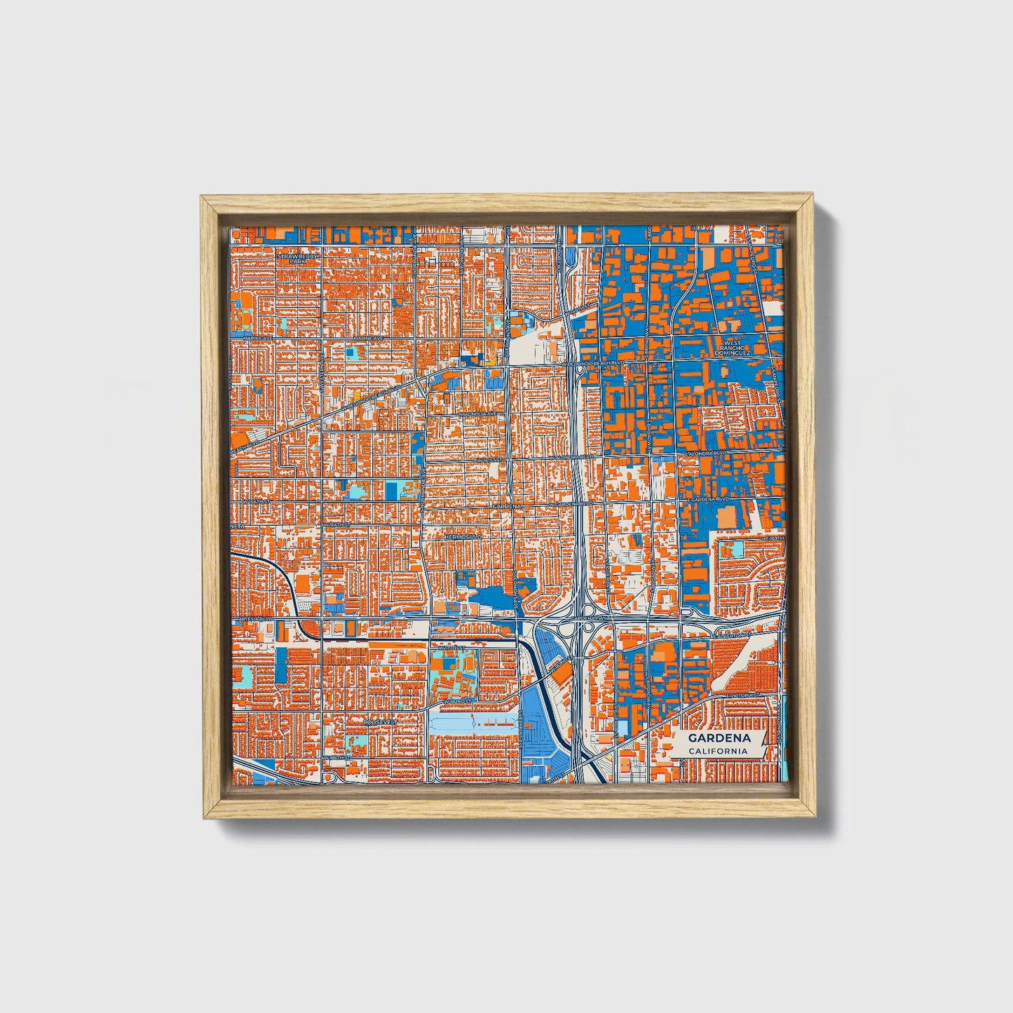 Gardena California Colorful City Map Canvas Print • Natural Wooden Framed